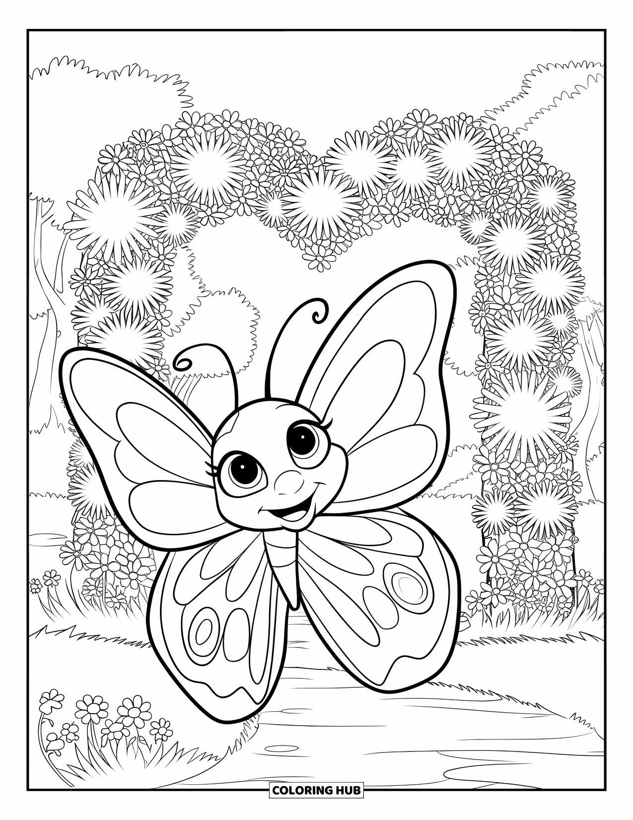 Flower Butterfly Coloring Page for Kids: A butterfly with big eyes flutters near a heart-topped flower arch