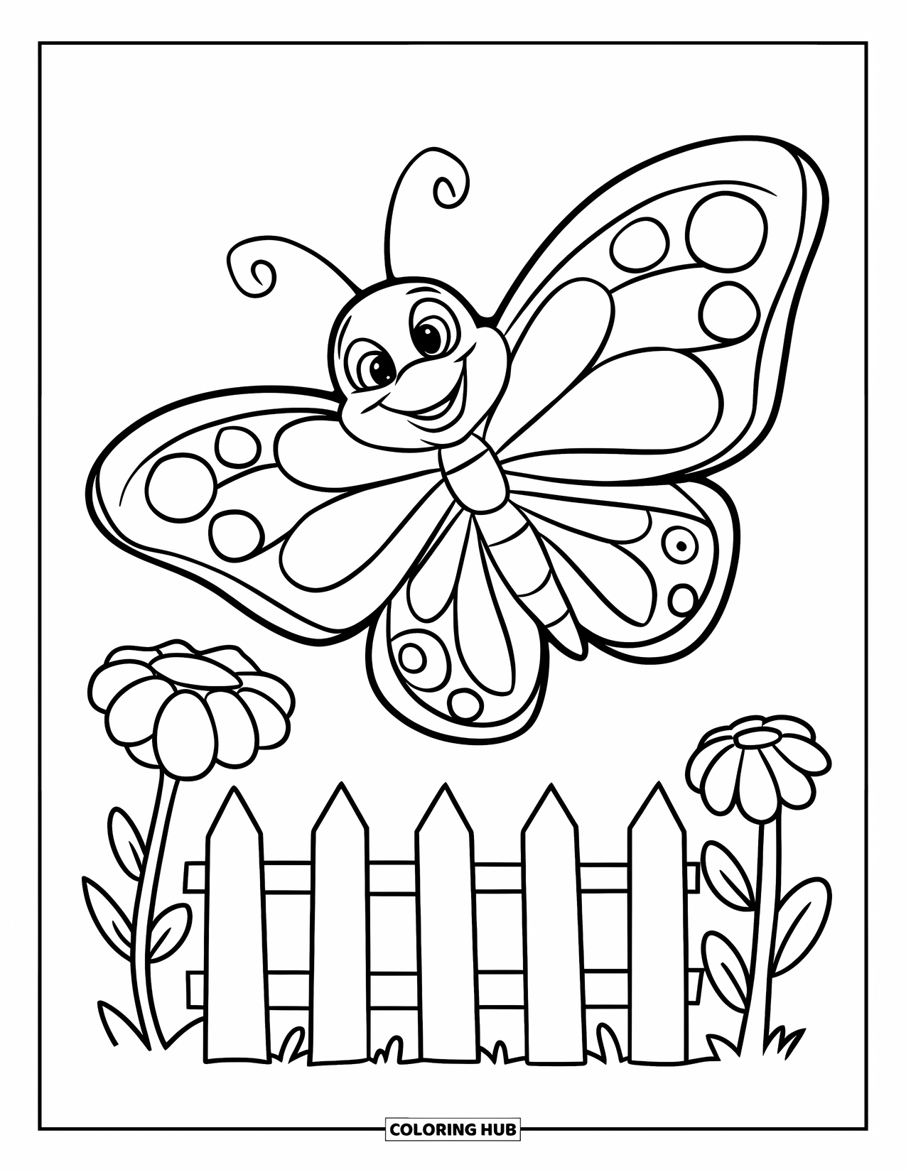 Flower Butterfly Coloring Page for Kids: A butterfly with big eyes smiles over a fence and flowers