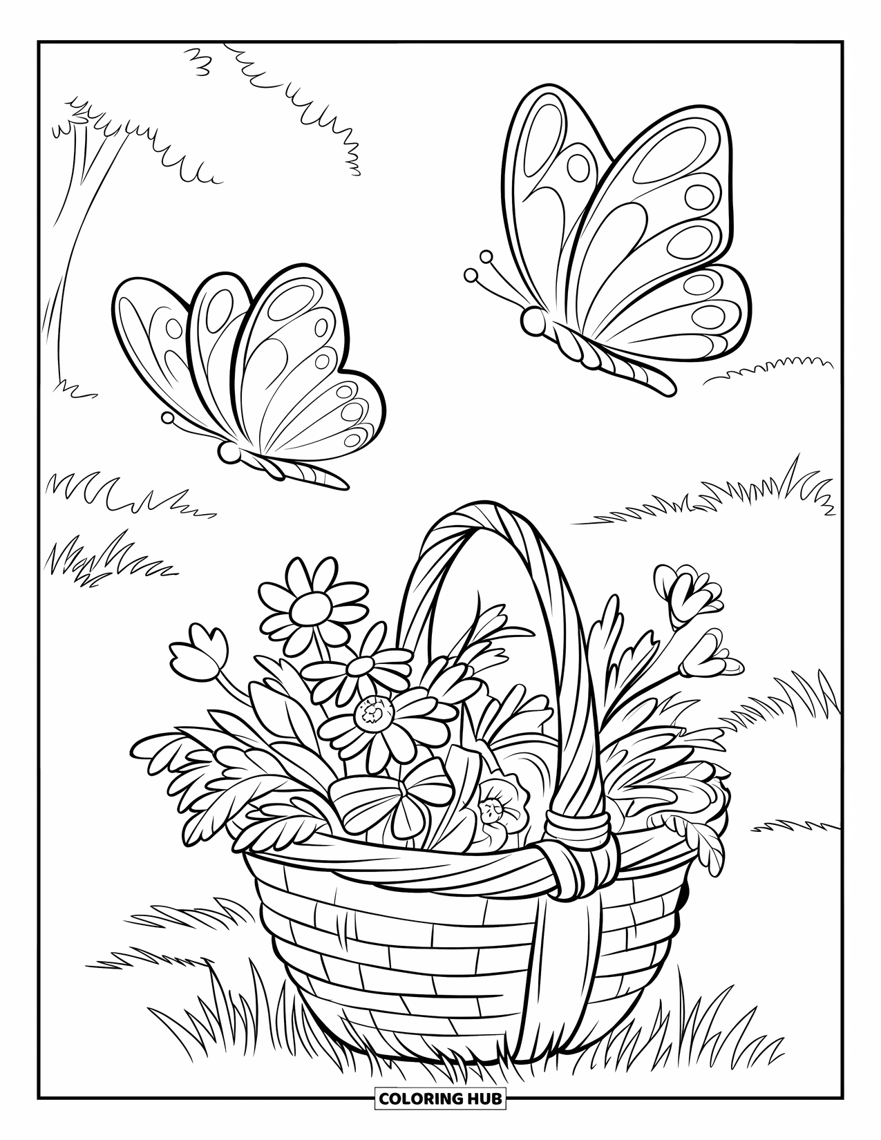 Flower Butterfly Coloring Page for Kids: Two butterflies flutter near a flower-filled basket in a green field