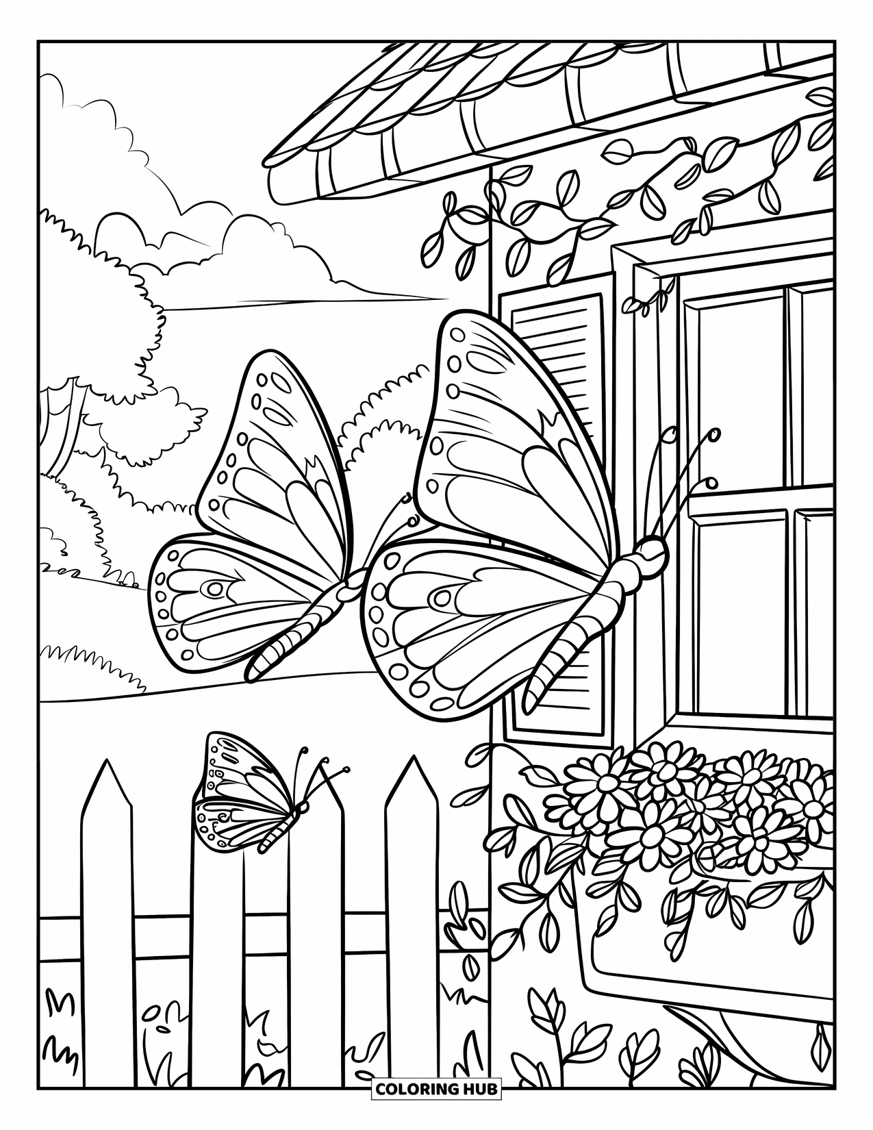 Flower Butterfly Coloring Page for Kids: Two butterflies fly near a cottage window with flowers and a picket fence
