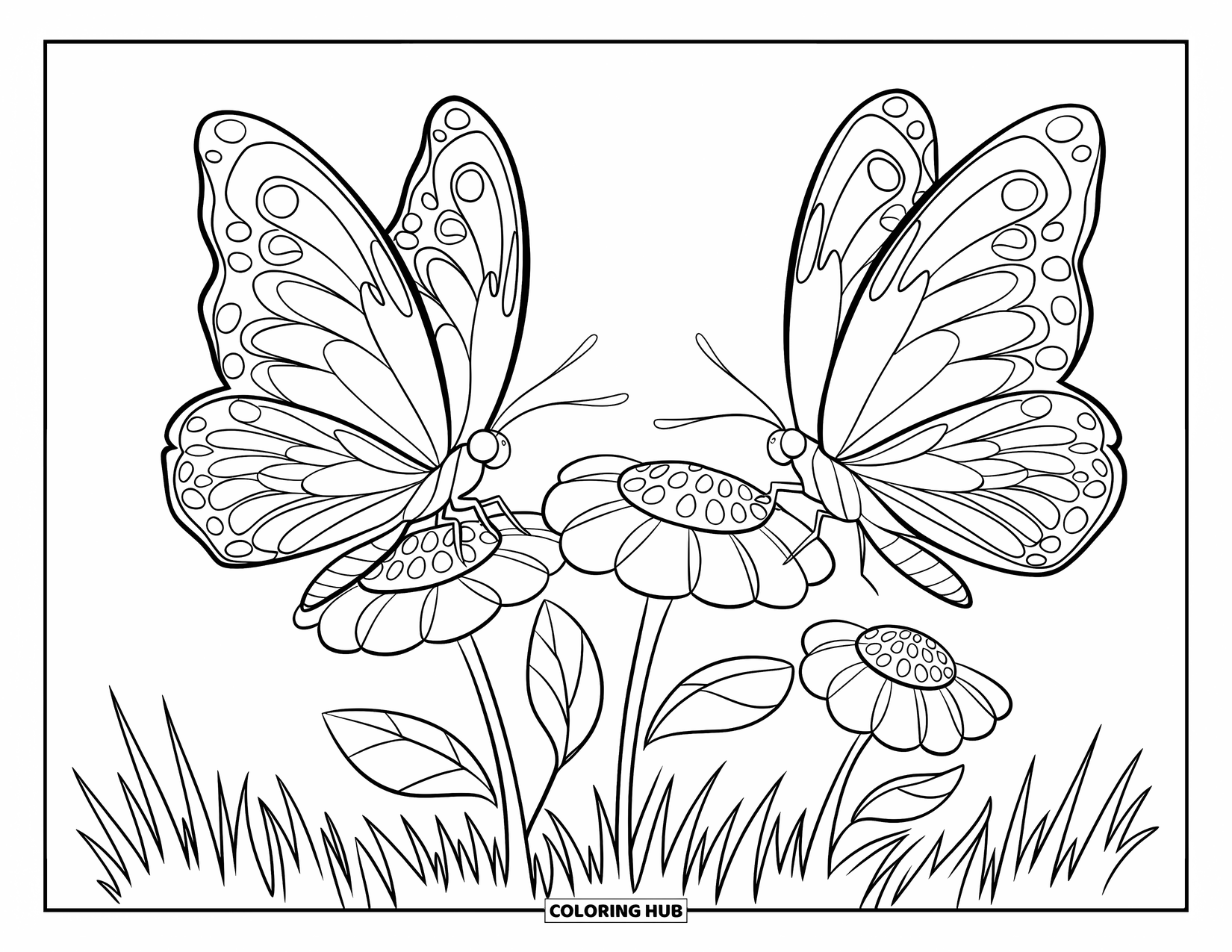 Flower Butterfly Coloring Page for Kids: Two butterflies perch on flowers in a cheerful grassy corner