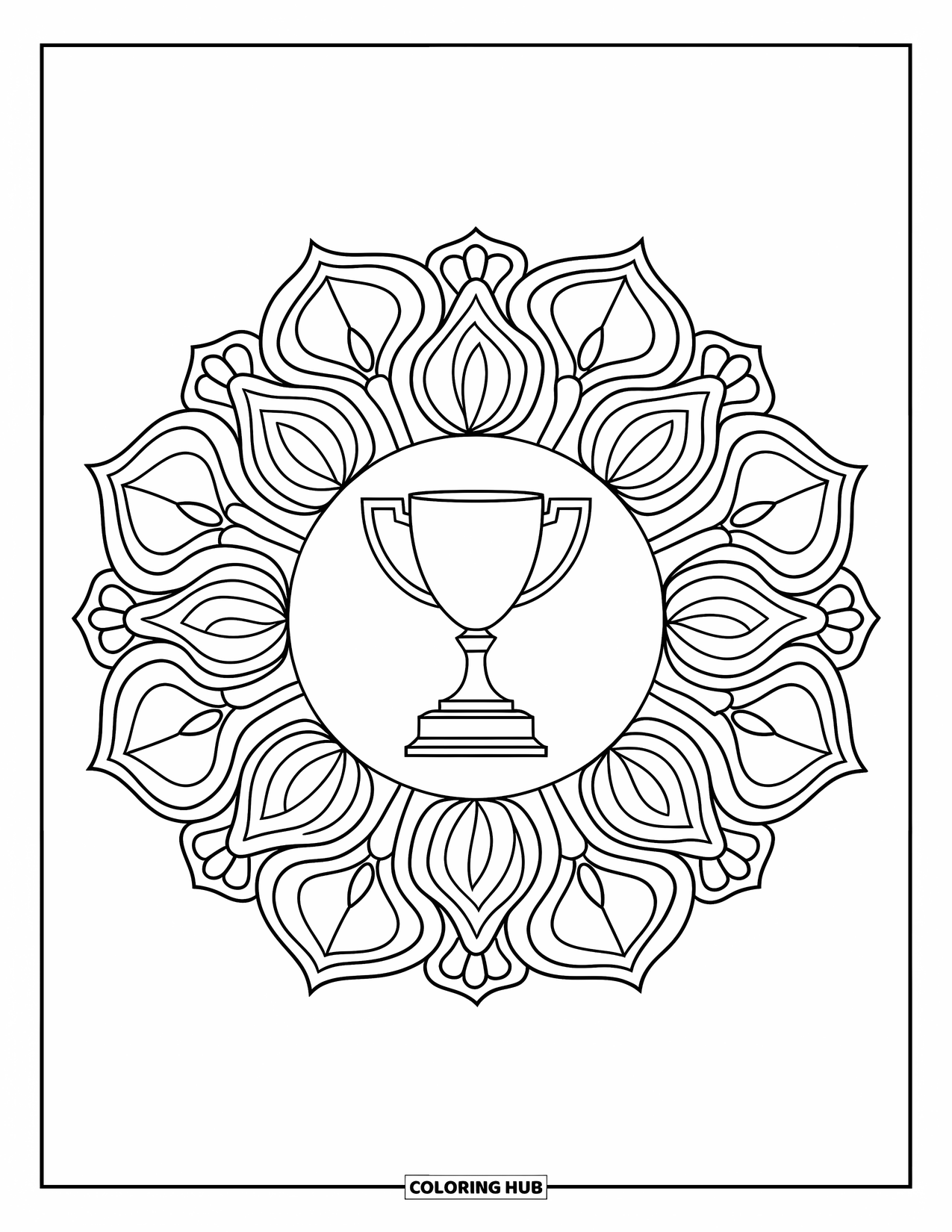 Football Coloring Page for Adults: Bold trophy design surrounded by detailed flower mandala petals