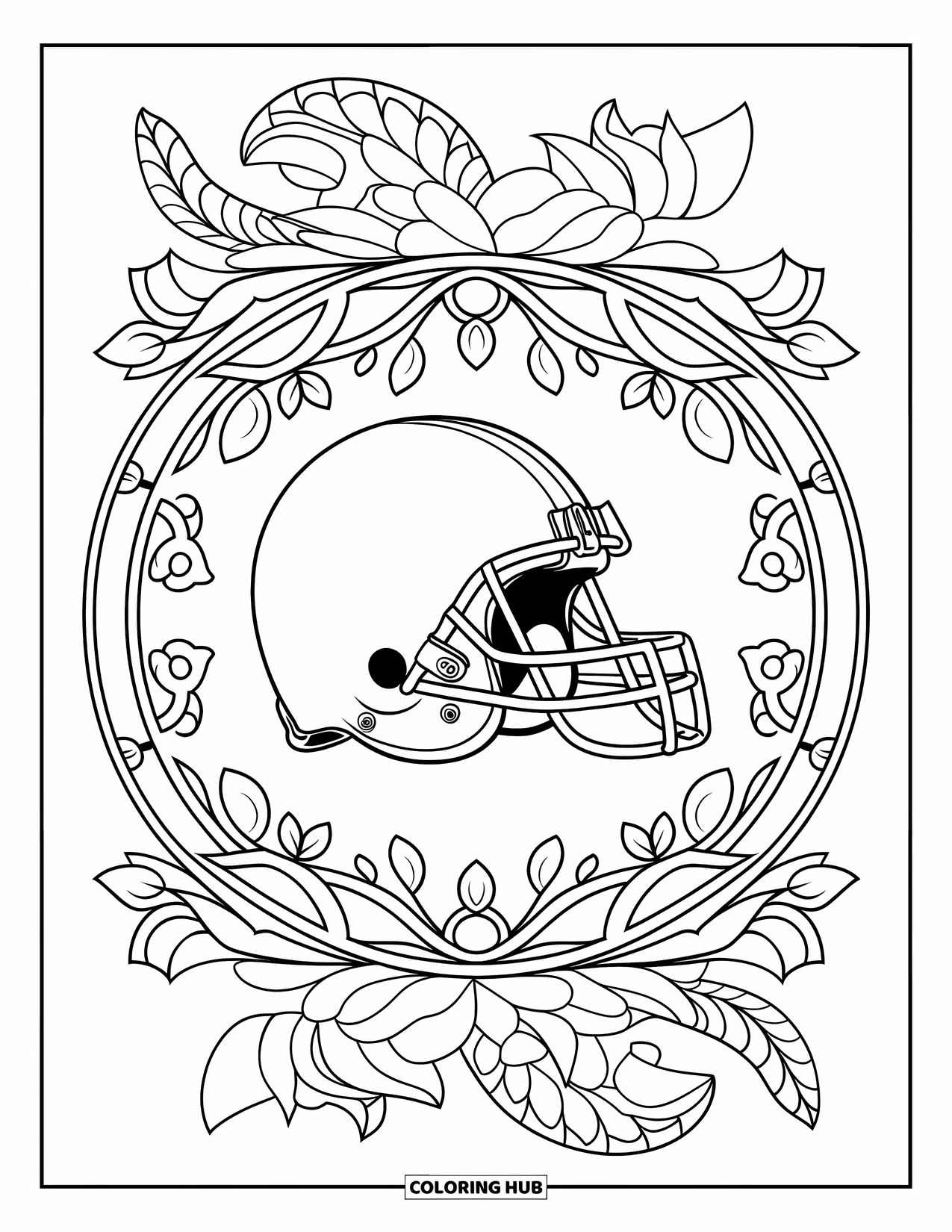 Football Coloring Page for Adults: Classic football helmet inside a mandala of blooming vines and petals