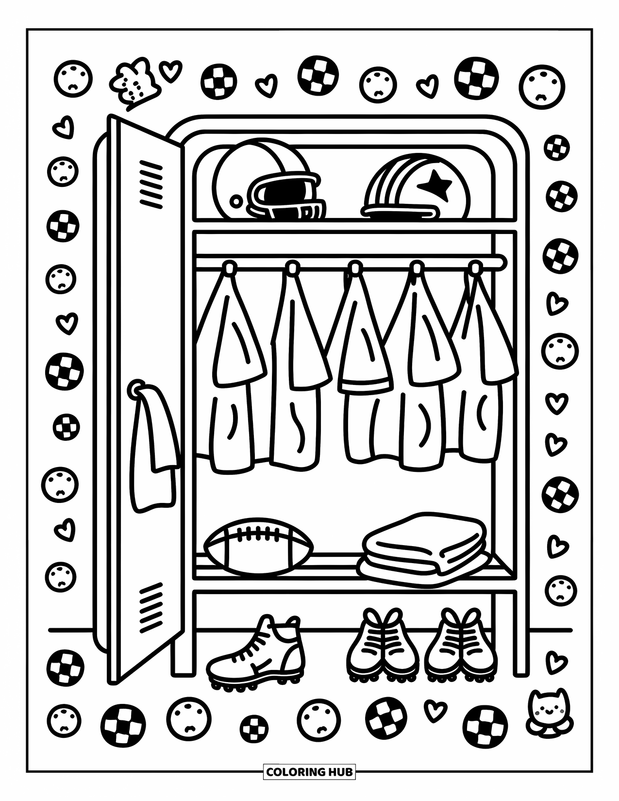 Football Coloring Page for Adults: Cute locker setup with hanging jerseys, gear, and mascot doodles