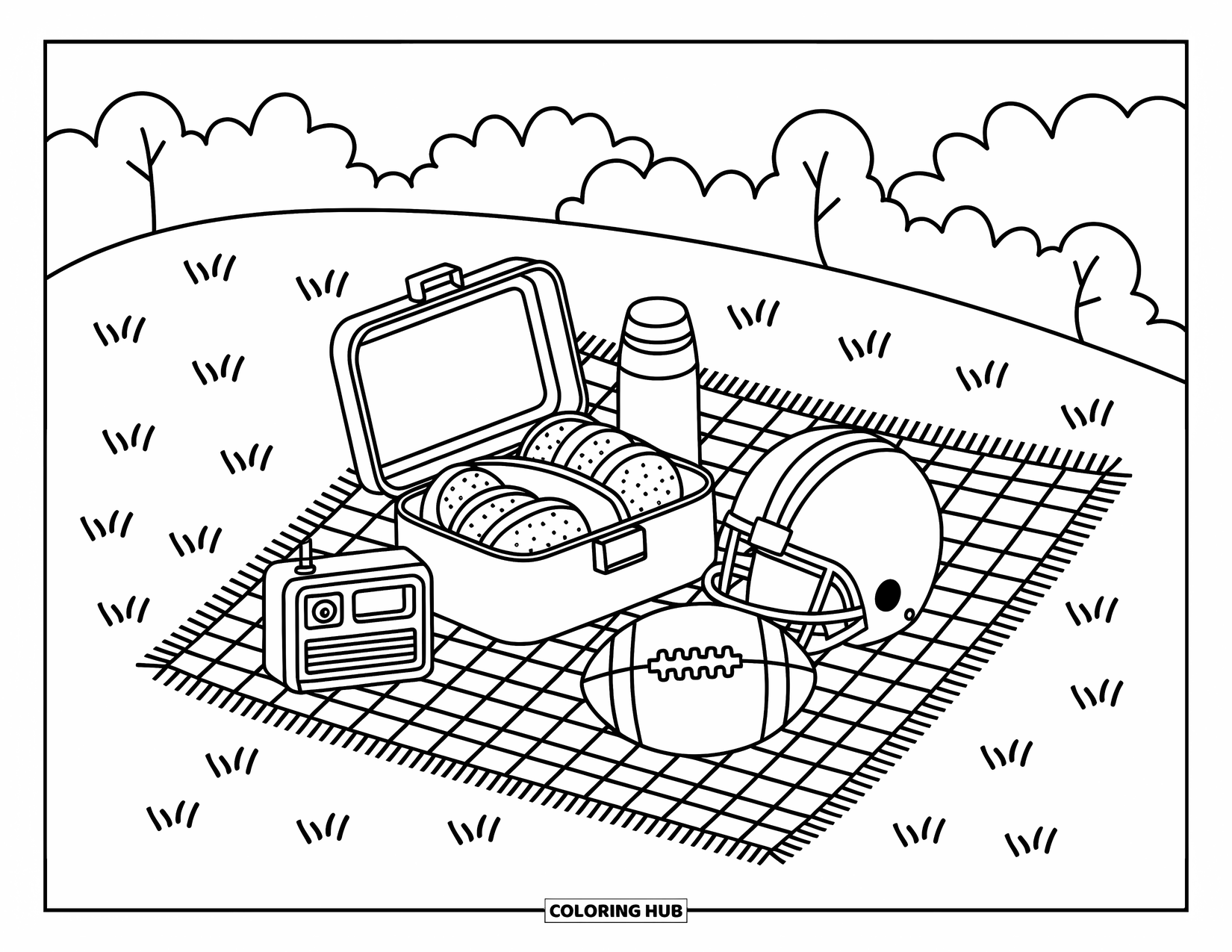 Football Coloring Page for Adults: Football picnic with sandwiches, thermos, and radio beside a cozy field