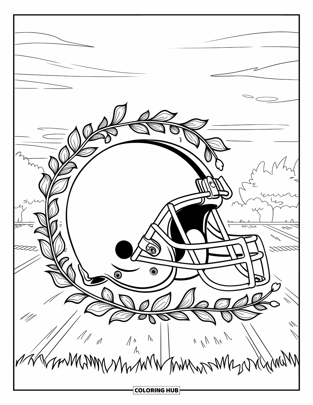 Football Coloring Page for Adults: Helmet on grass framed by detailed vines and flowers