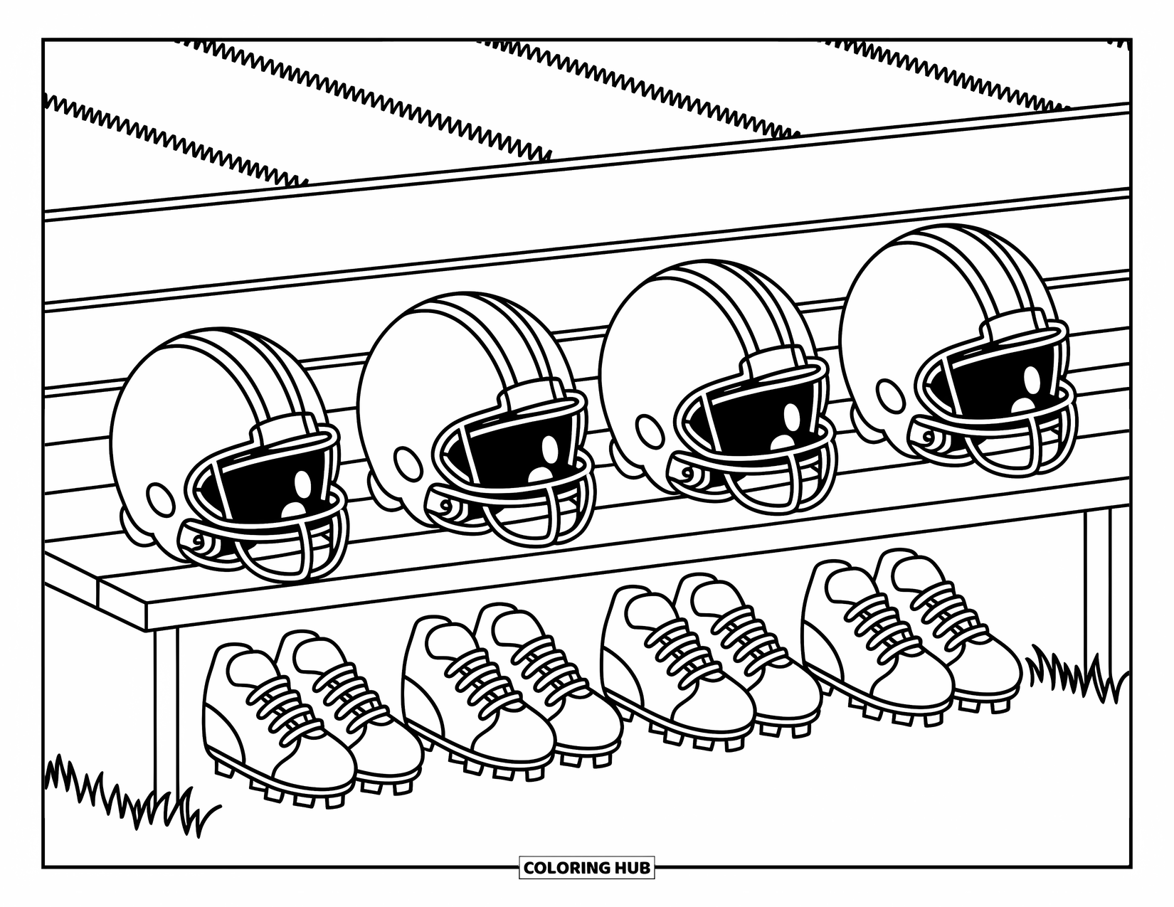 Football Coloring Page for Adults: Helmets, jerseys, and cleats arranged on a bench near a calm field