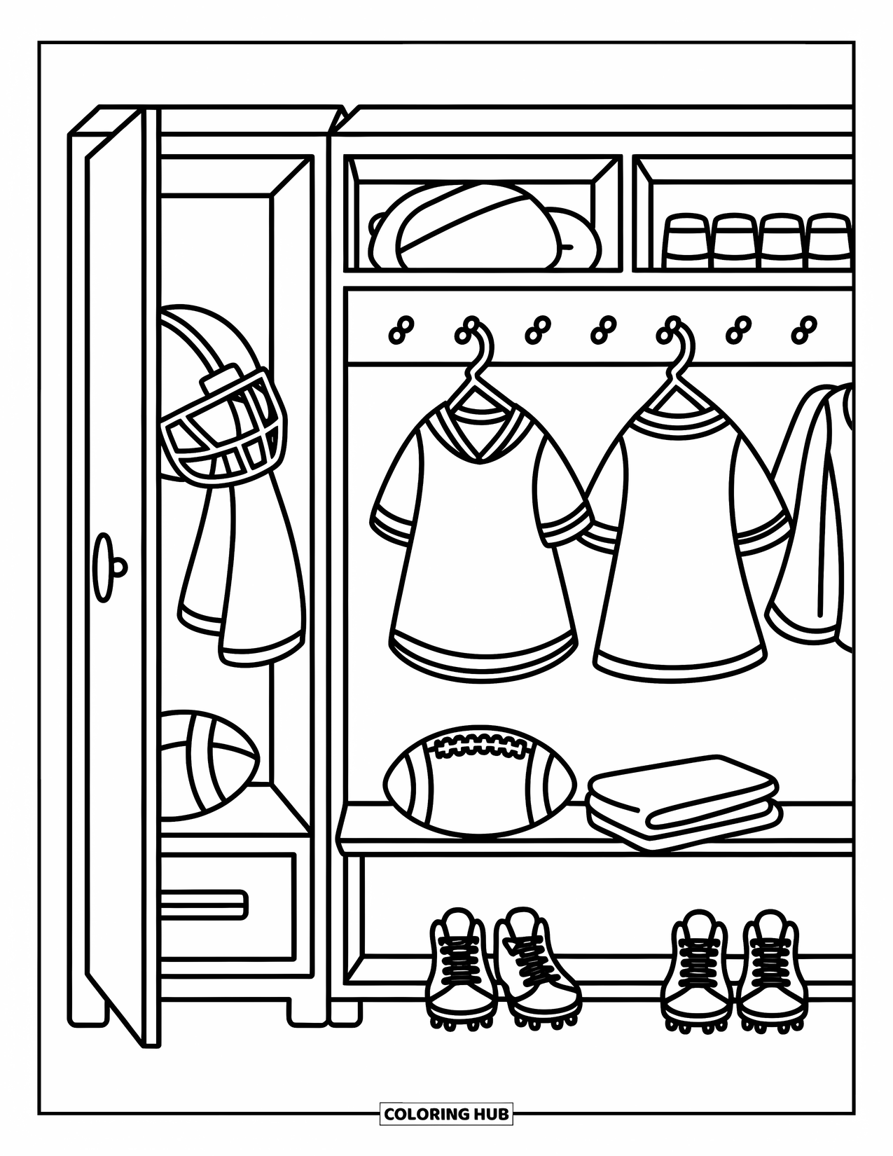 Football Coloring Page for Adults: Locker room scene with jerseys, helmet, cleats, and a football on a bench