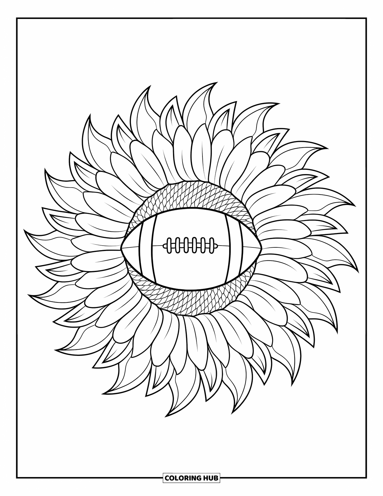 Football Coloring Page for Adults: Sunflower mandala with a football resting at its center