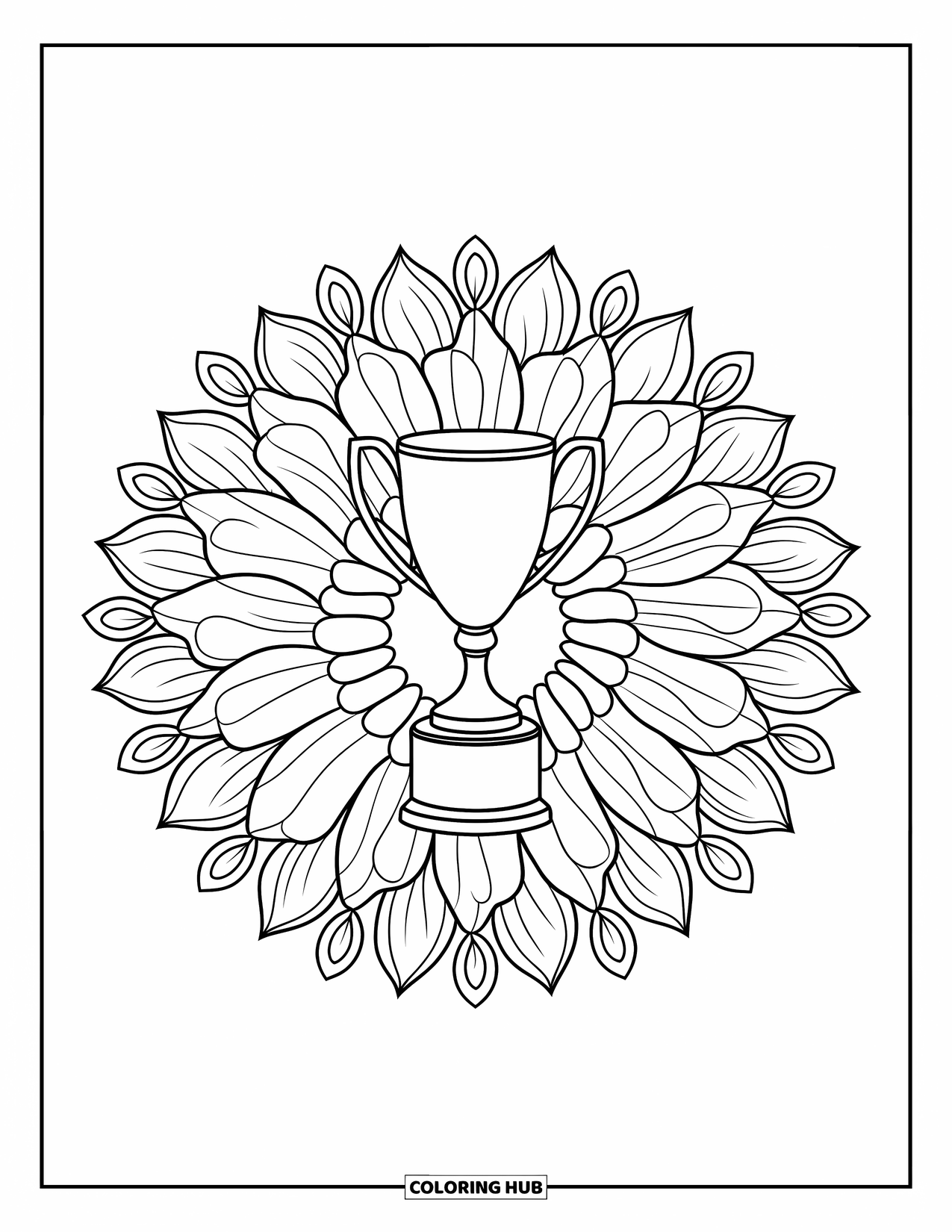 Football Coloring Page for Adults: Trophy cup at the center of a blooming floral mandala