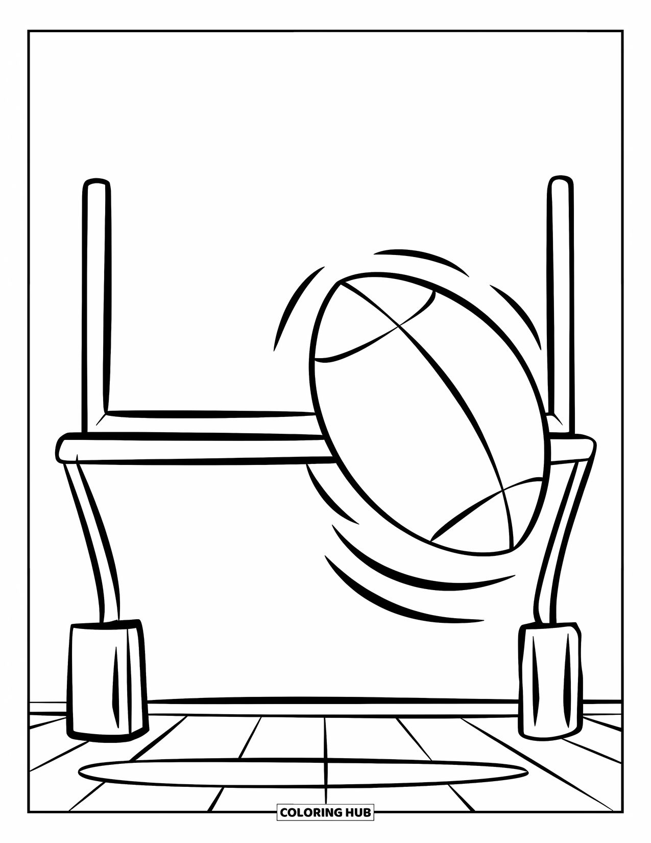 Football Coloring Page for Kids: Ball bouncing into a clean goalpost on a white background
