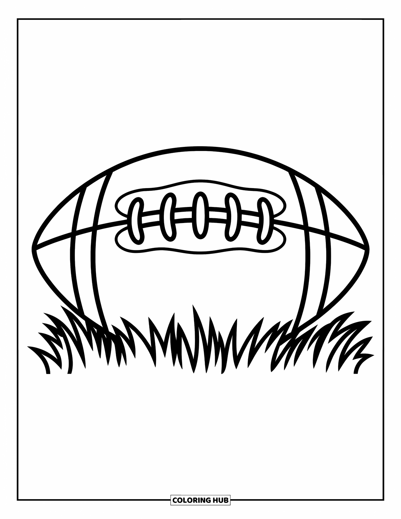 Football Coloring Page for Kids: Big football with clean stitching sitting happily on the grass