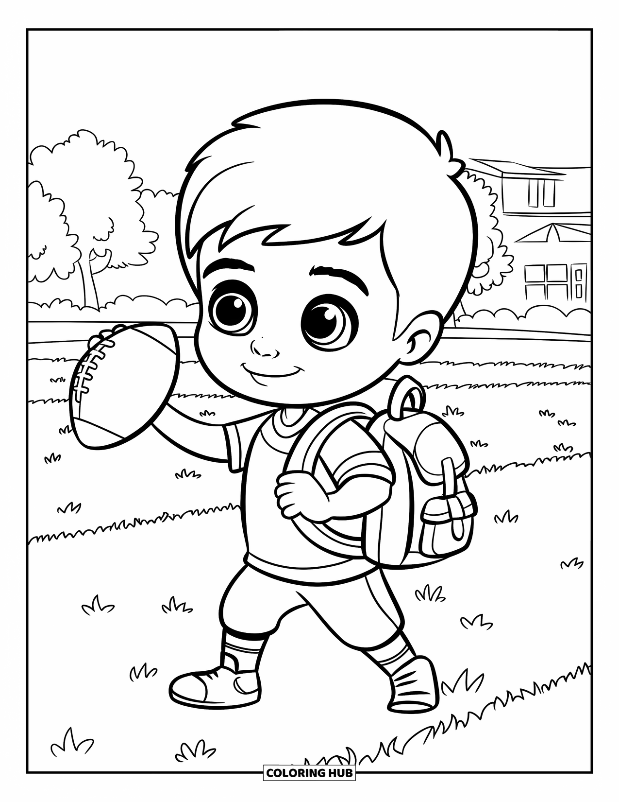 Football Coloring Page for Kids: Boy with football standing on lined grass near a building