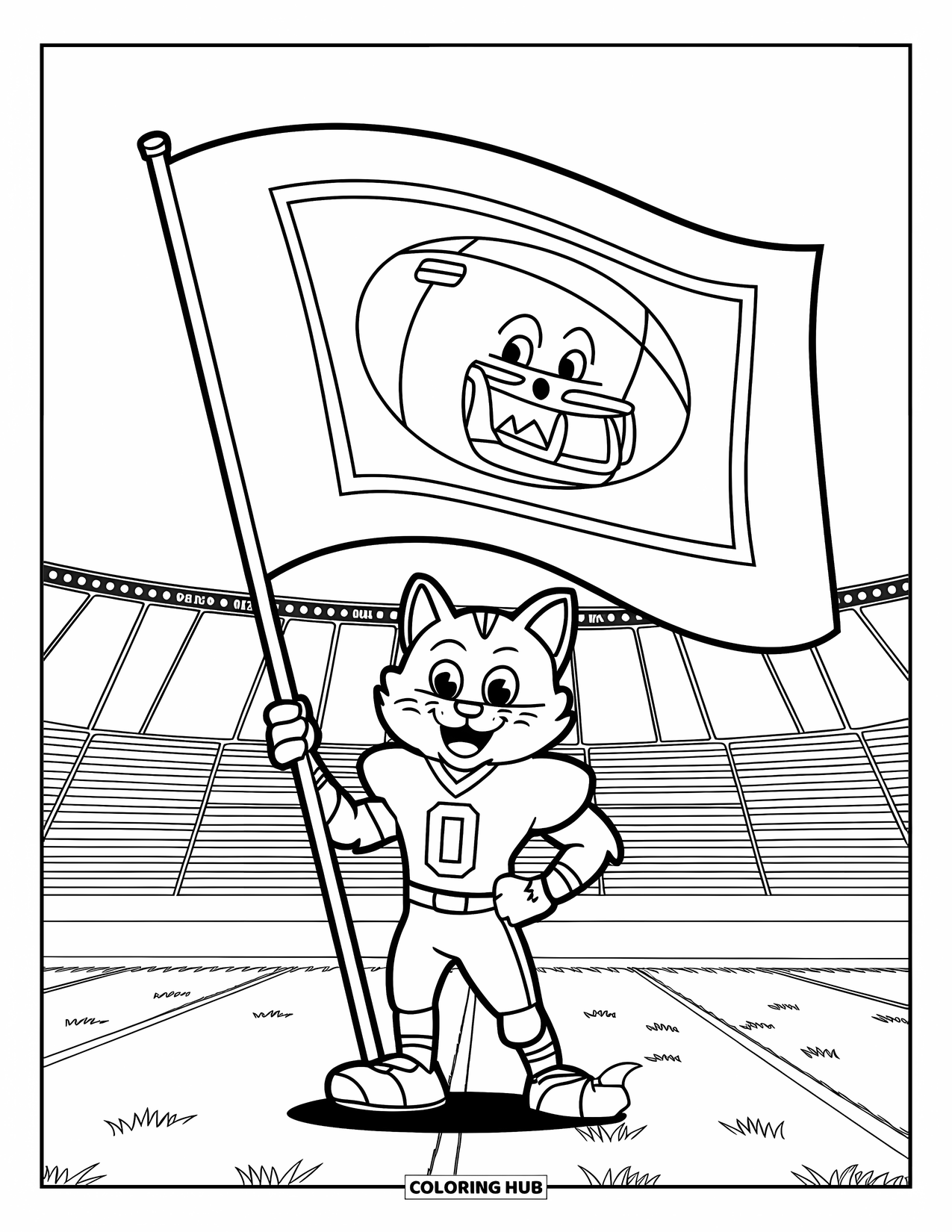 Football Coloring Page for Kids: Cat mascot holding a flag on a field with goalposts and stands