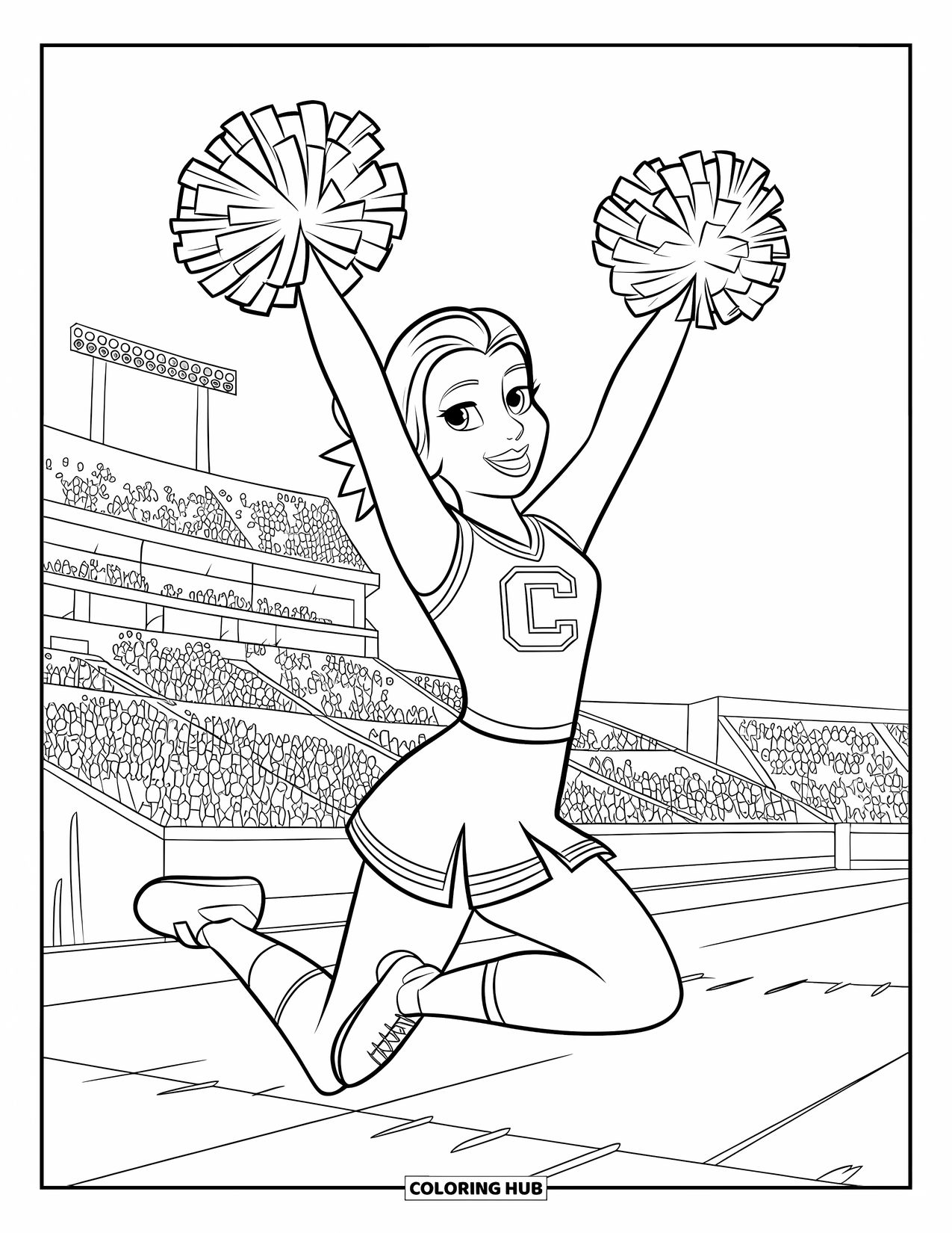 Football Coloring Page for Kids: Cheerleader jumping with pom-poms by a crowded football stadium