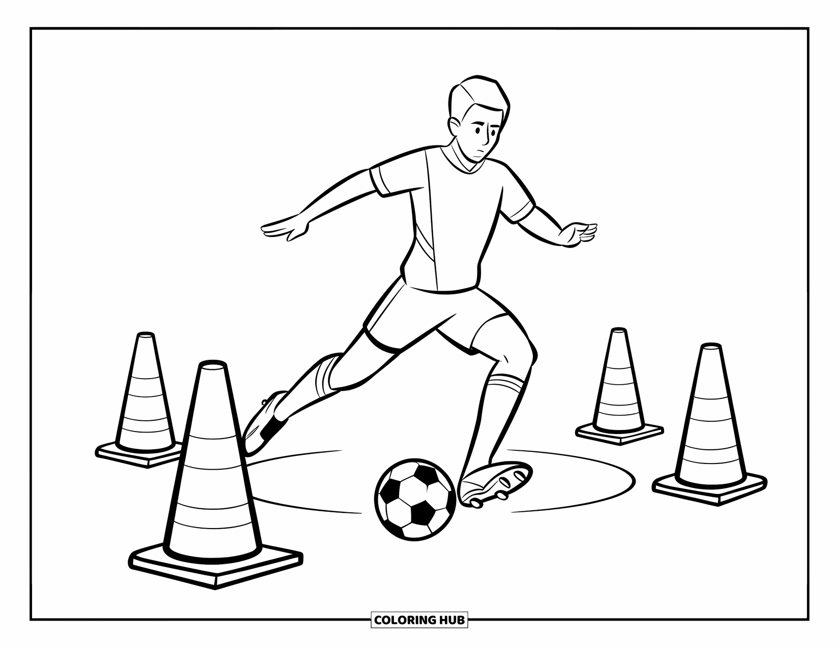 Football Coloring Page for Kids: Focused player doing cone drills on a clean, open field