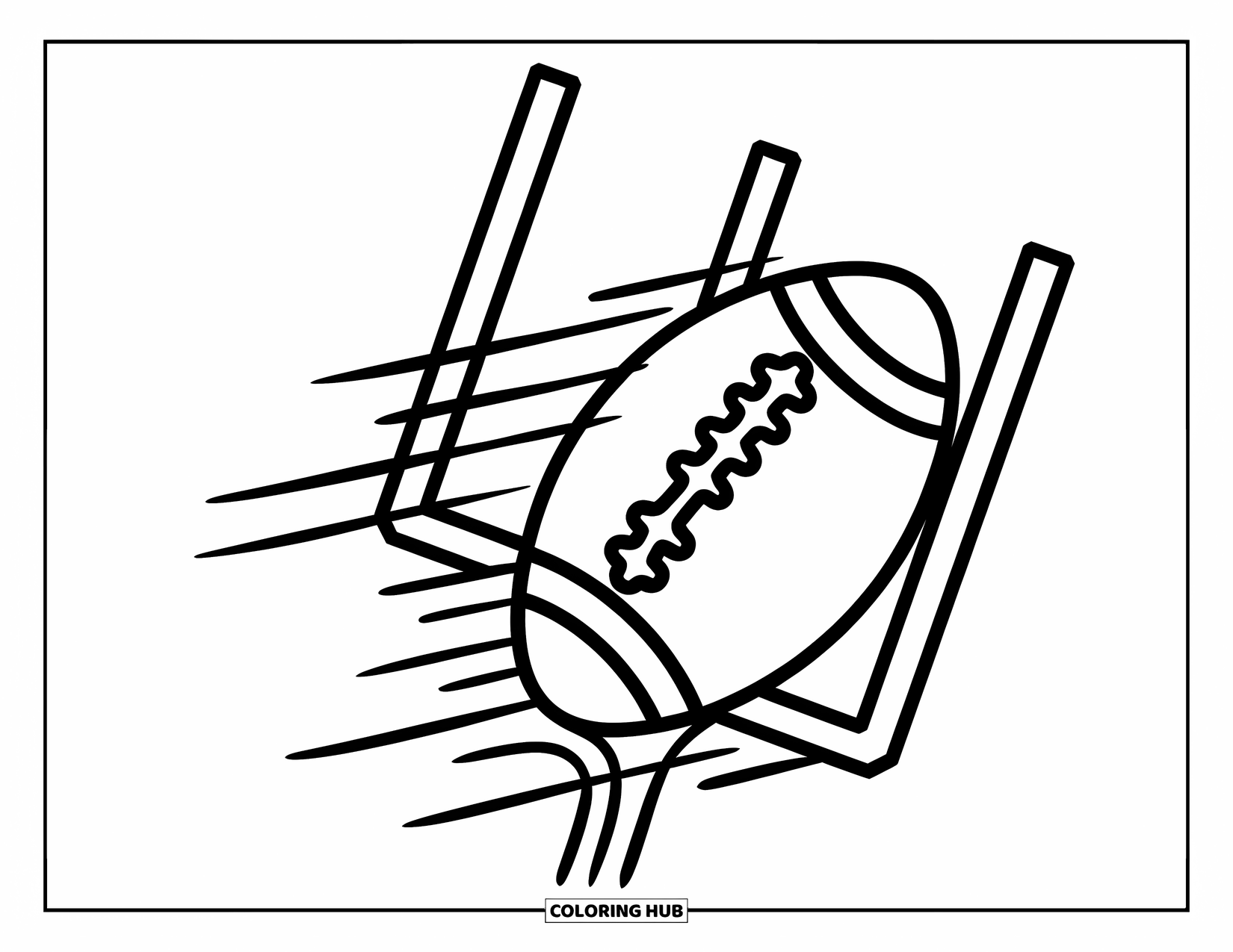 Football Coloring Page for Kids: Football flying through goalposts with speed lines and bold outlines