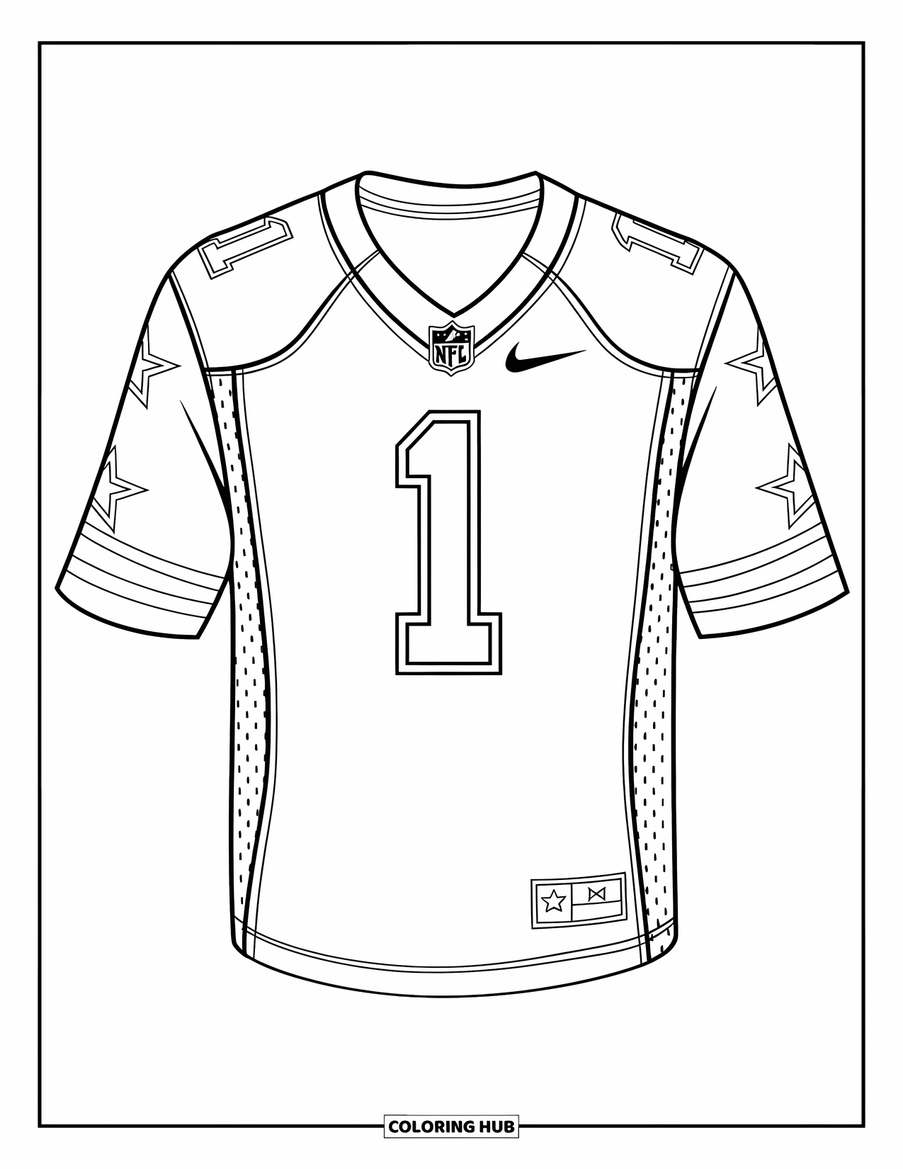 Football Coloring Page for Kids: Football jersey with number ì1î and stars around it