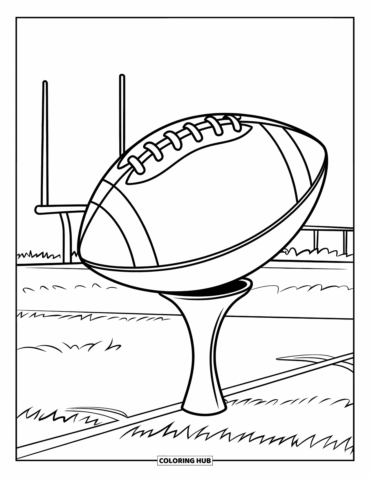 Football Coloring Page for Kids: Football on tee near a goalpost on a grassy field
