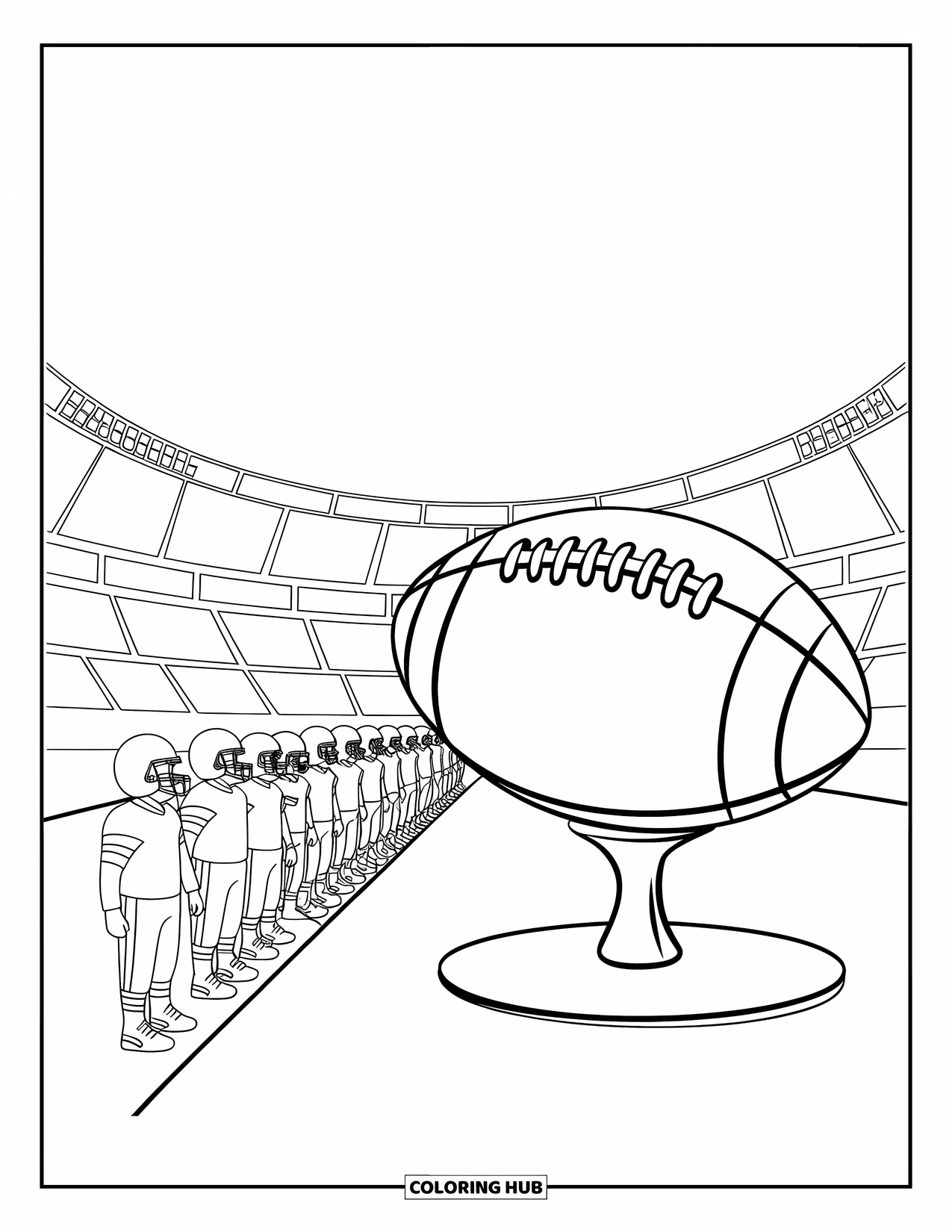 Football Coloring Page for Kids: Football on tee ready for kickoff with players in the background
