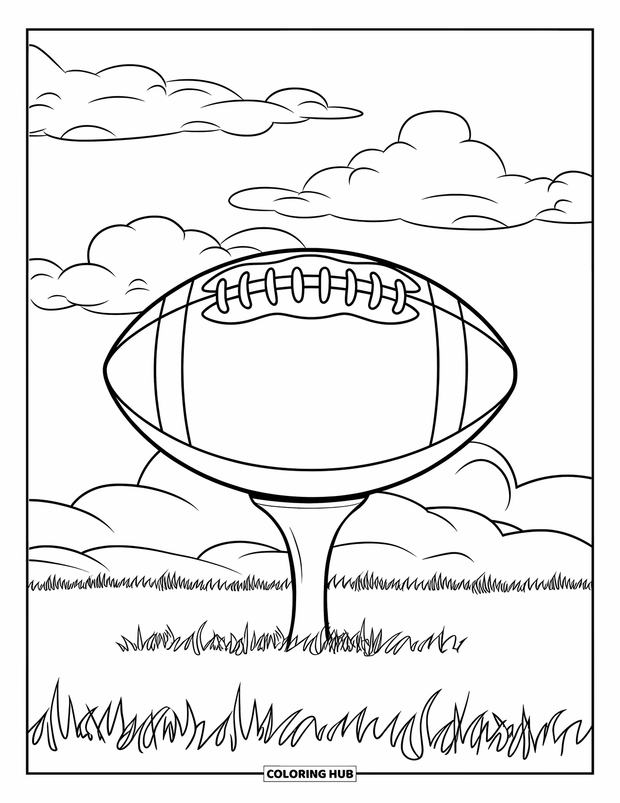 Football Coloring Page for Kids: Football resting on a tee under fluffy clouds