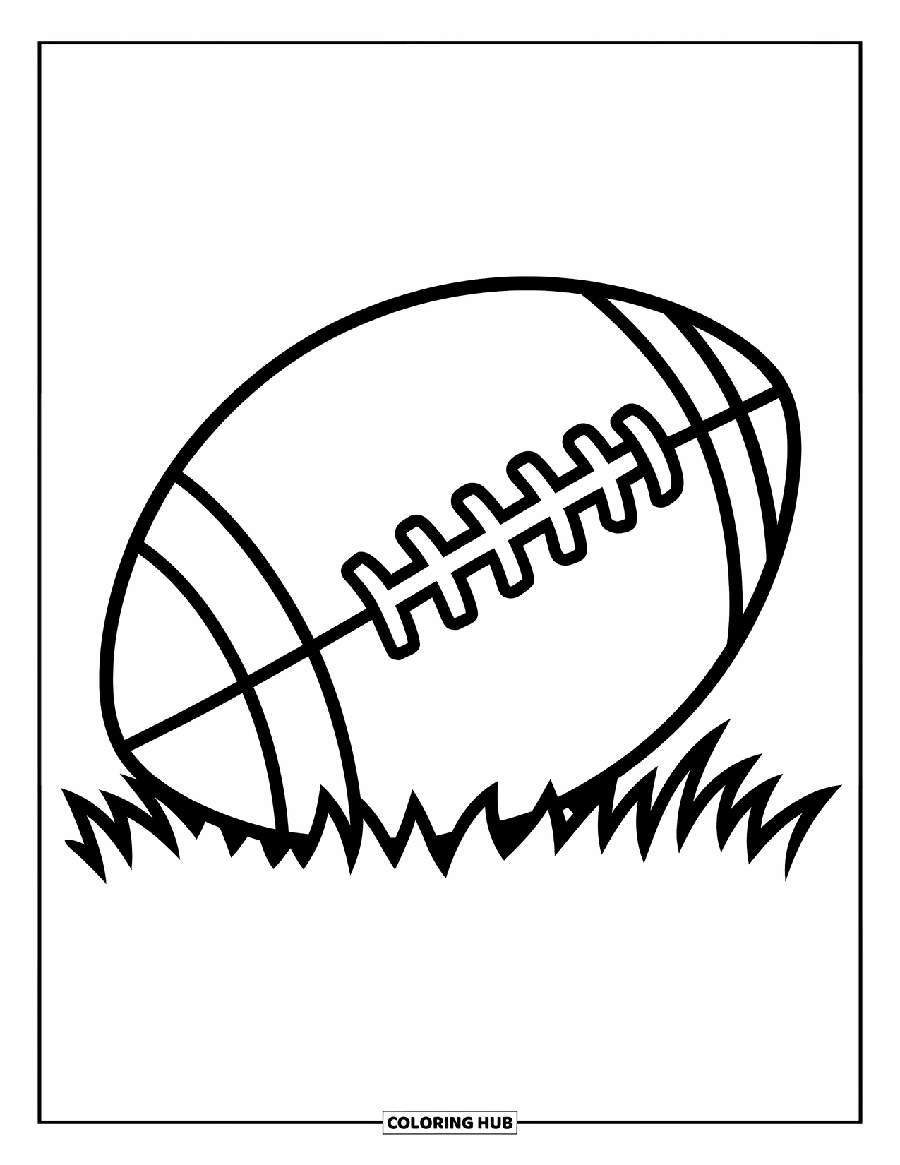 Football Coloring Page for Kids: Football with bold lines sitting on grass in a simple, playful scene