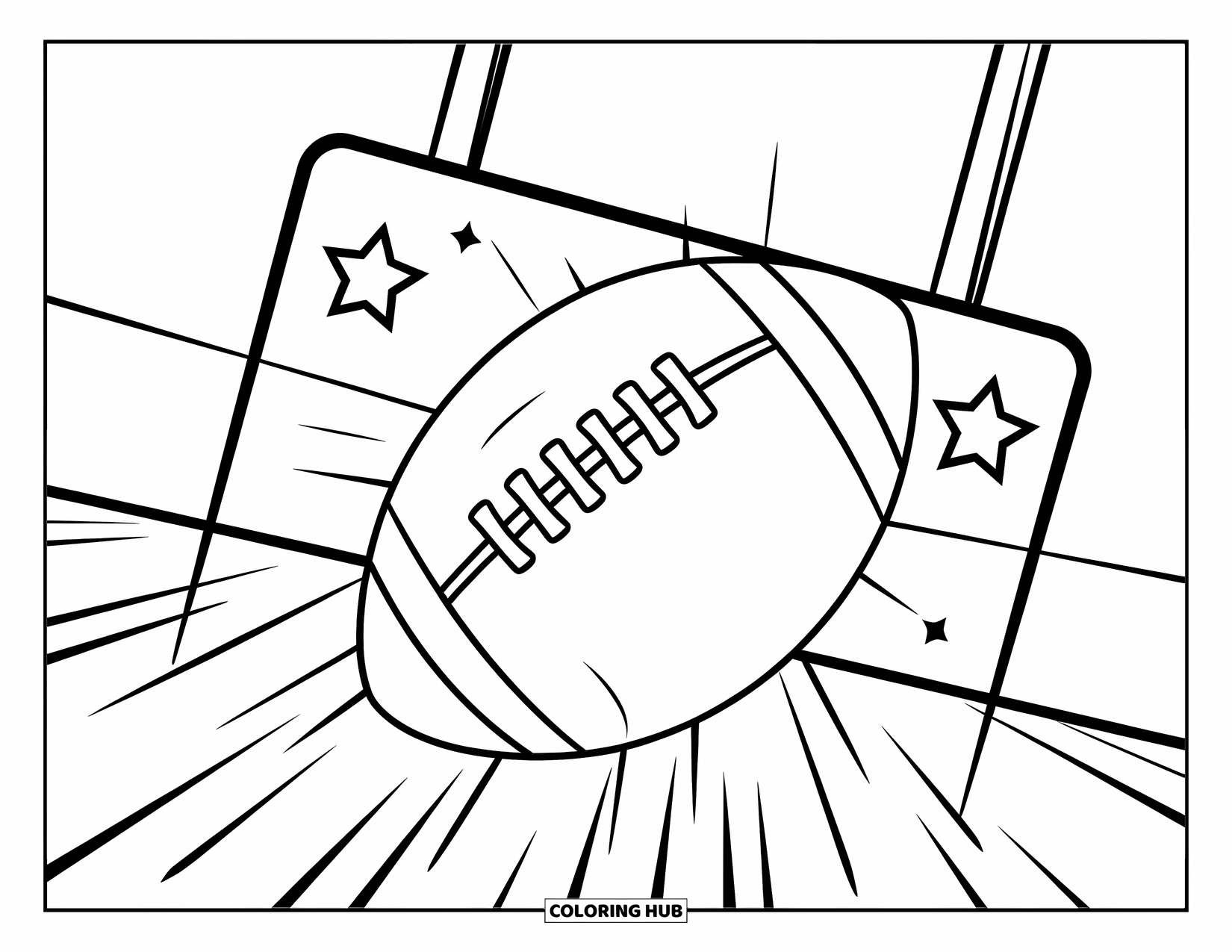 Football Coloring Page for Kids: Football with stars above it flying into goalposts under a clear sky
