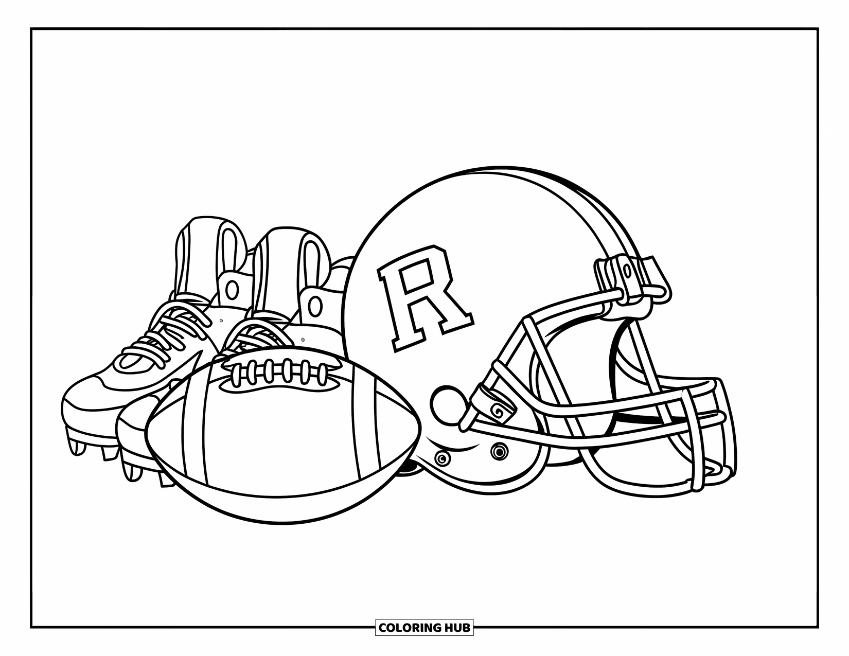 Football Coloring Page for Kids: Gear set with helmet, ball, cleats, and gloves on a clean background