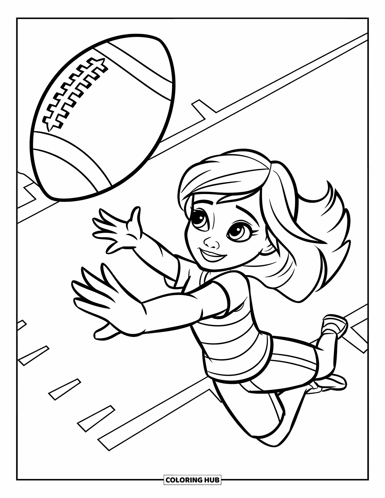Football Coloring Page for Kids: Girl diving mid-air to catch a football on a lined field