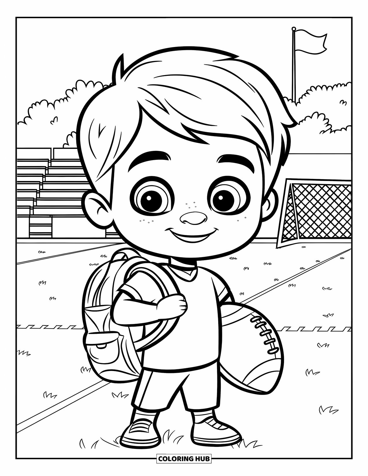 Football Coloring Page for Kids: Happy boy in a jersey holding a football on the field