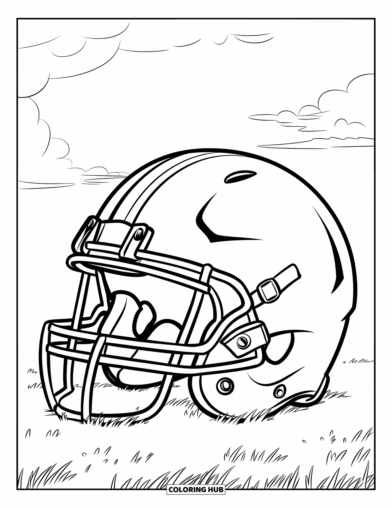 Football Coloring Page for Kids: Helmet with sleek facemask sitting on a grassy field