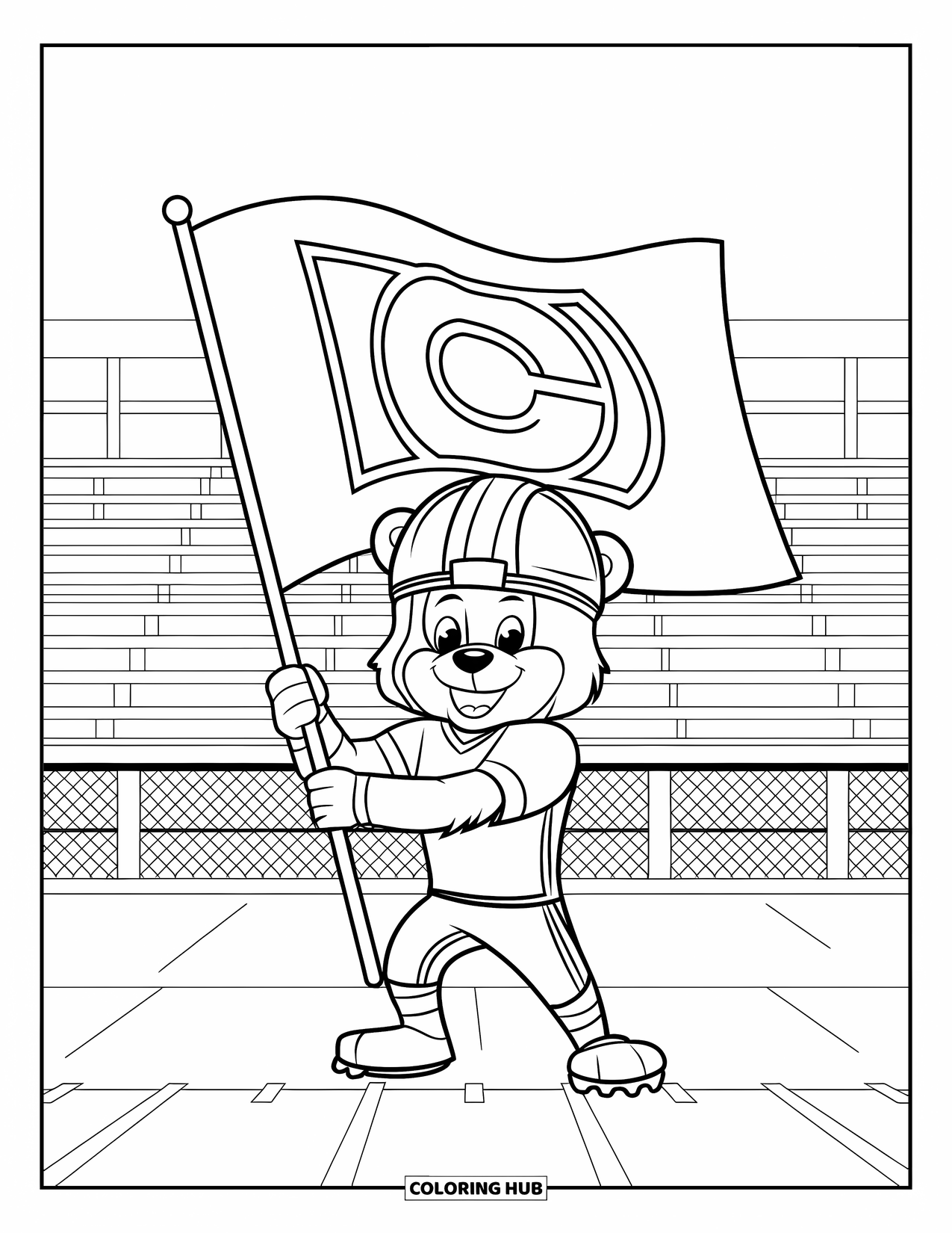 Football Coloring Page for Kids: Mascot bear holding a team flag near stadium bleachers