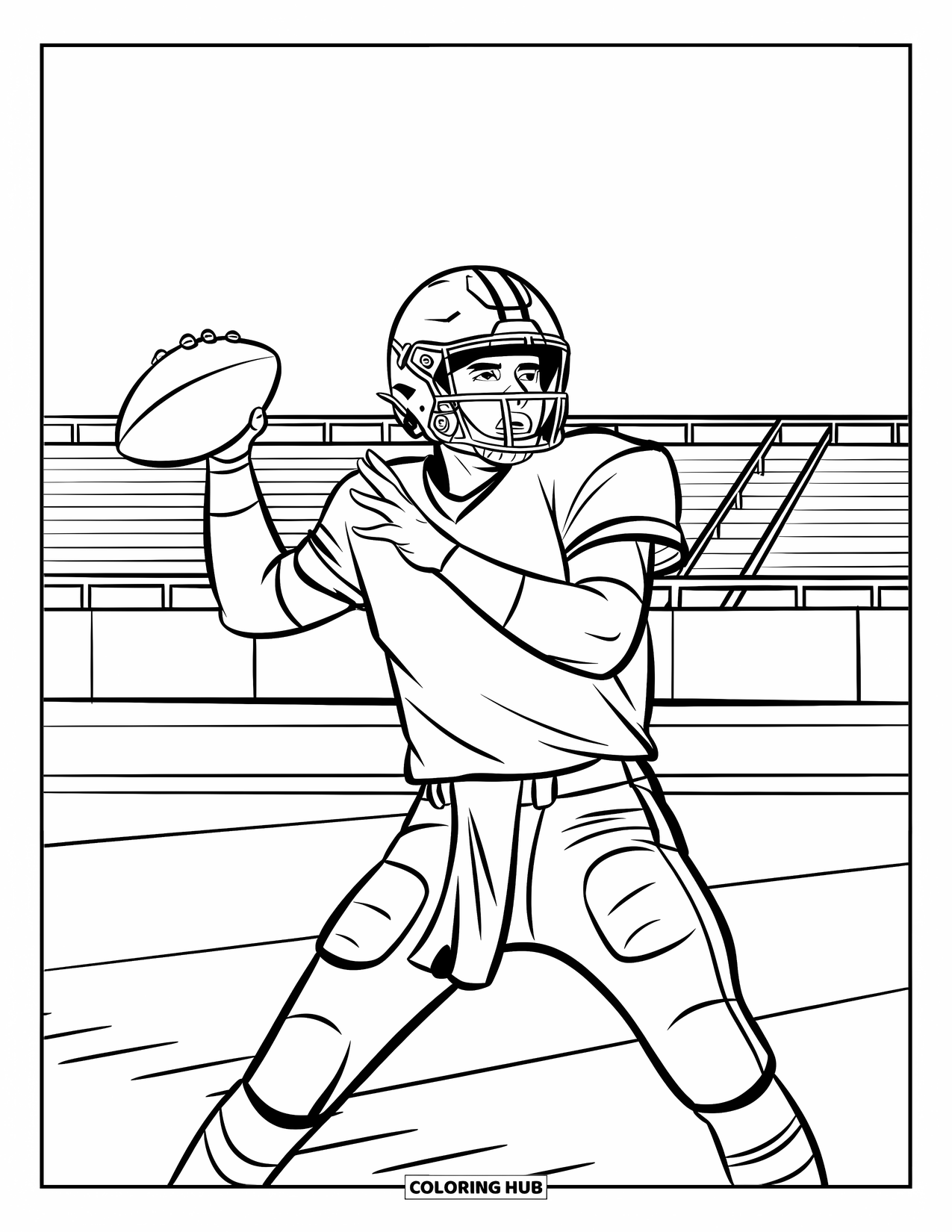 Football Coloring Page for Kids: Quarterback winding up to throw with stadium in the background
