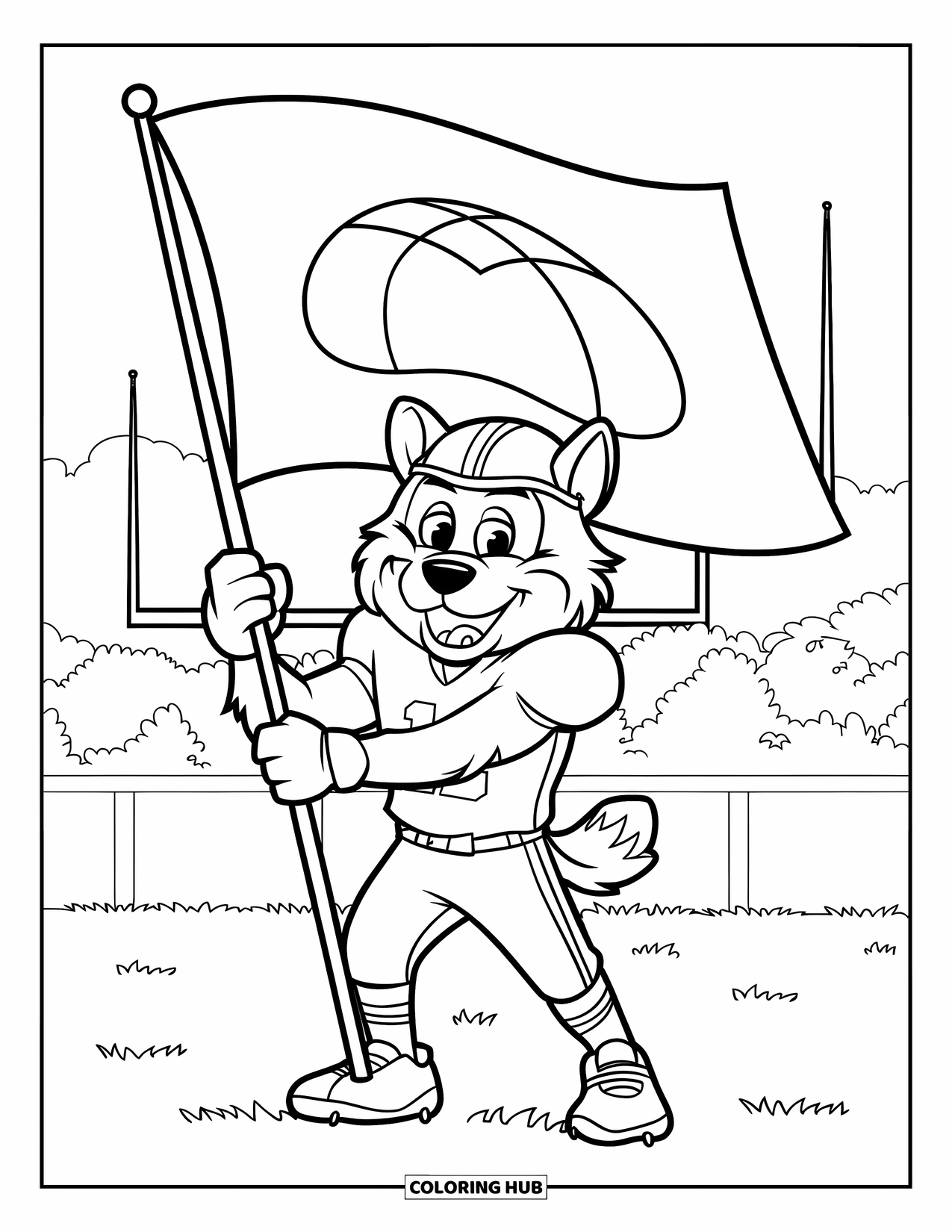 Football Coloring Page for Kids: Smiling animal mascot in a helmet holding a flag near the goalpost