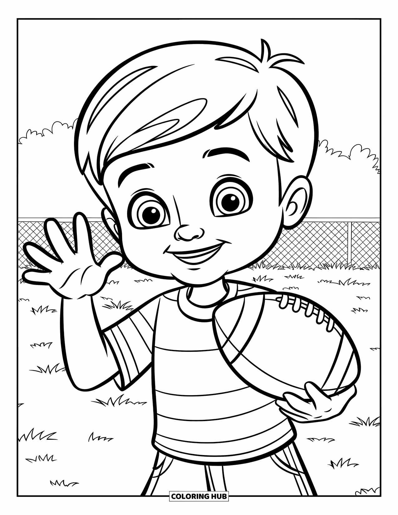 Football Coloring Page for Kids: Smiling boy holding a football and waving on a grassy field