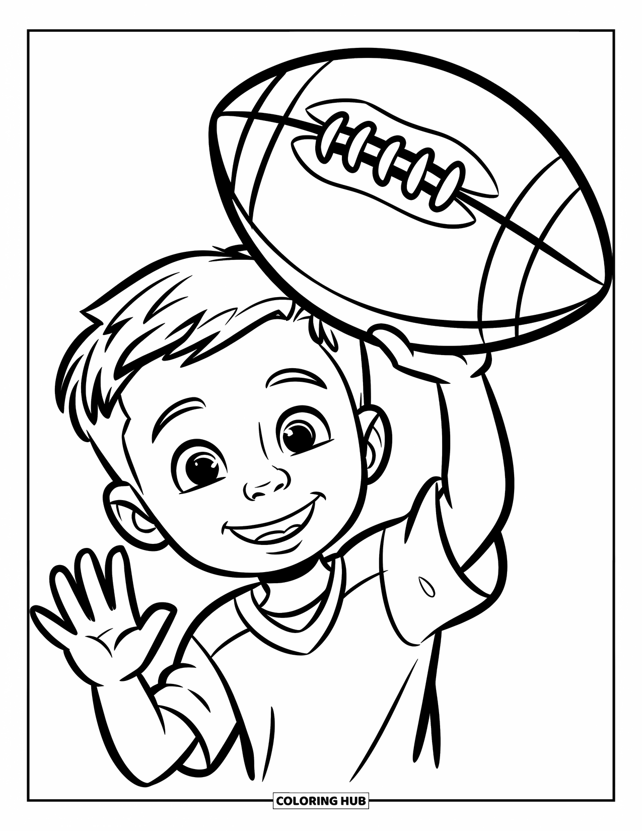 Football Coloring Page for Kids: Smiling boy in a jersey waving with a big football in hand