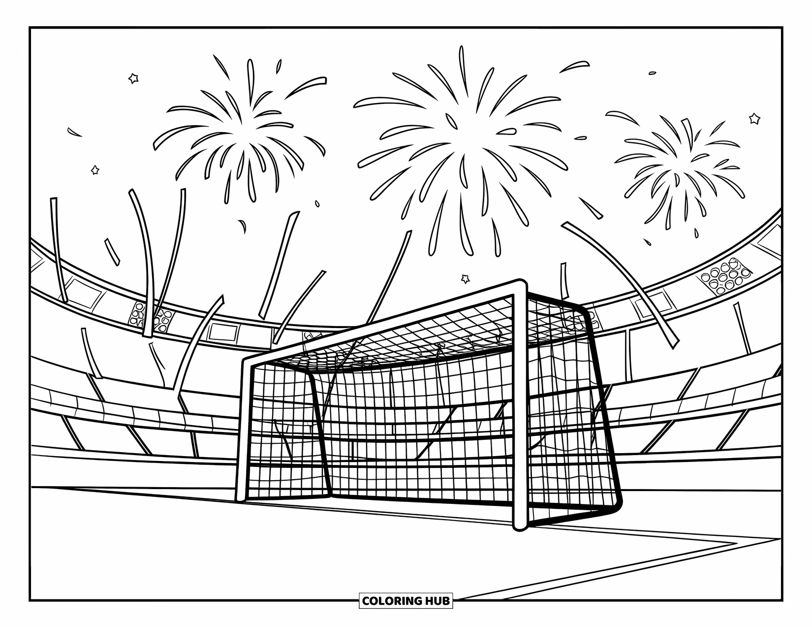 Football Coloring Page for Kids: Soccer goalpost with fireworks and streamers celebrating a goal