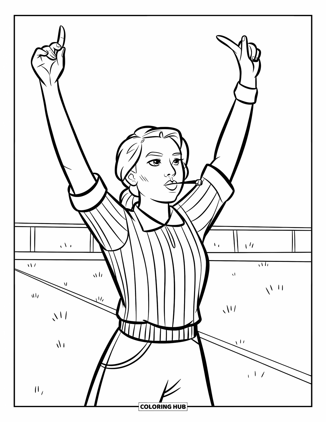 Football Coloring Page for Kids: Striped referee blowing a whistle on a field with a white line