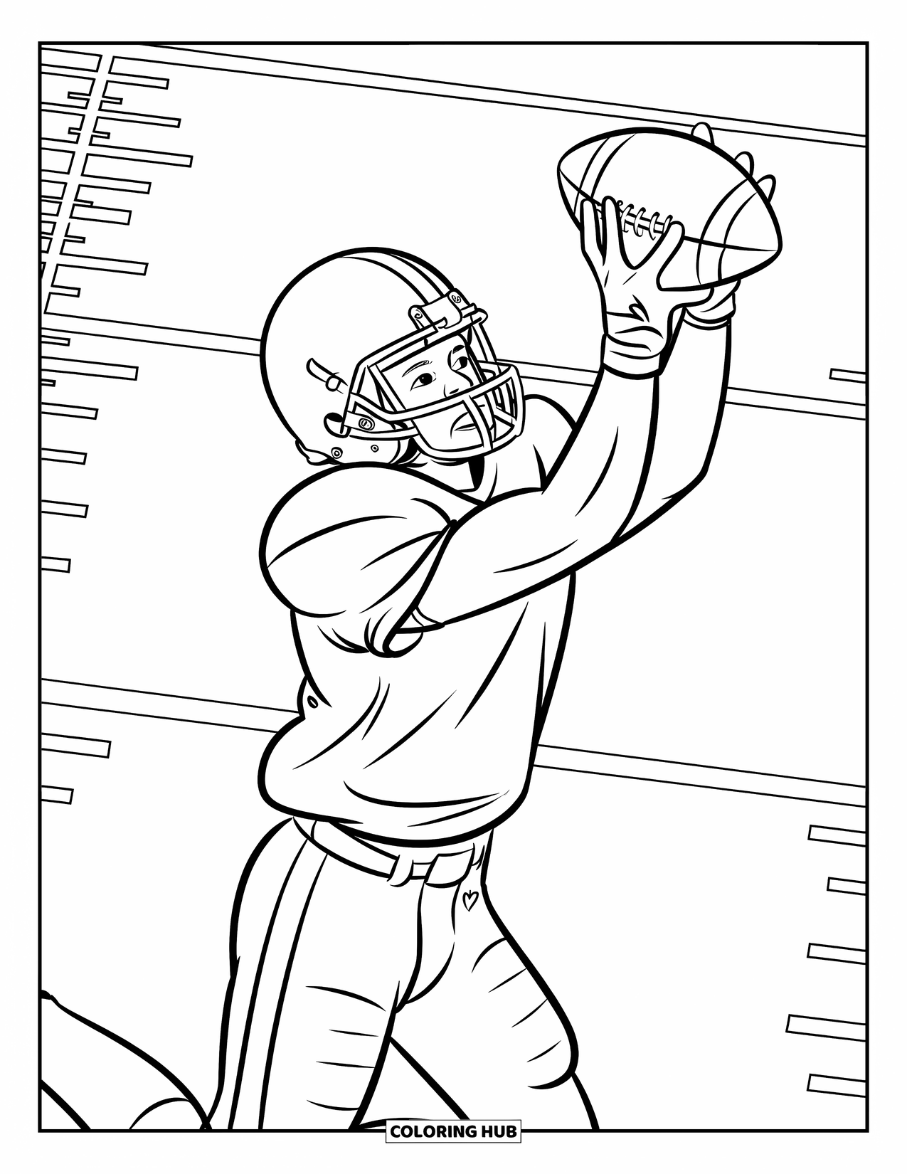 Football Coloring Page for Kids: Wide receiver leaping to catch a football mid-air on the field