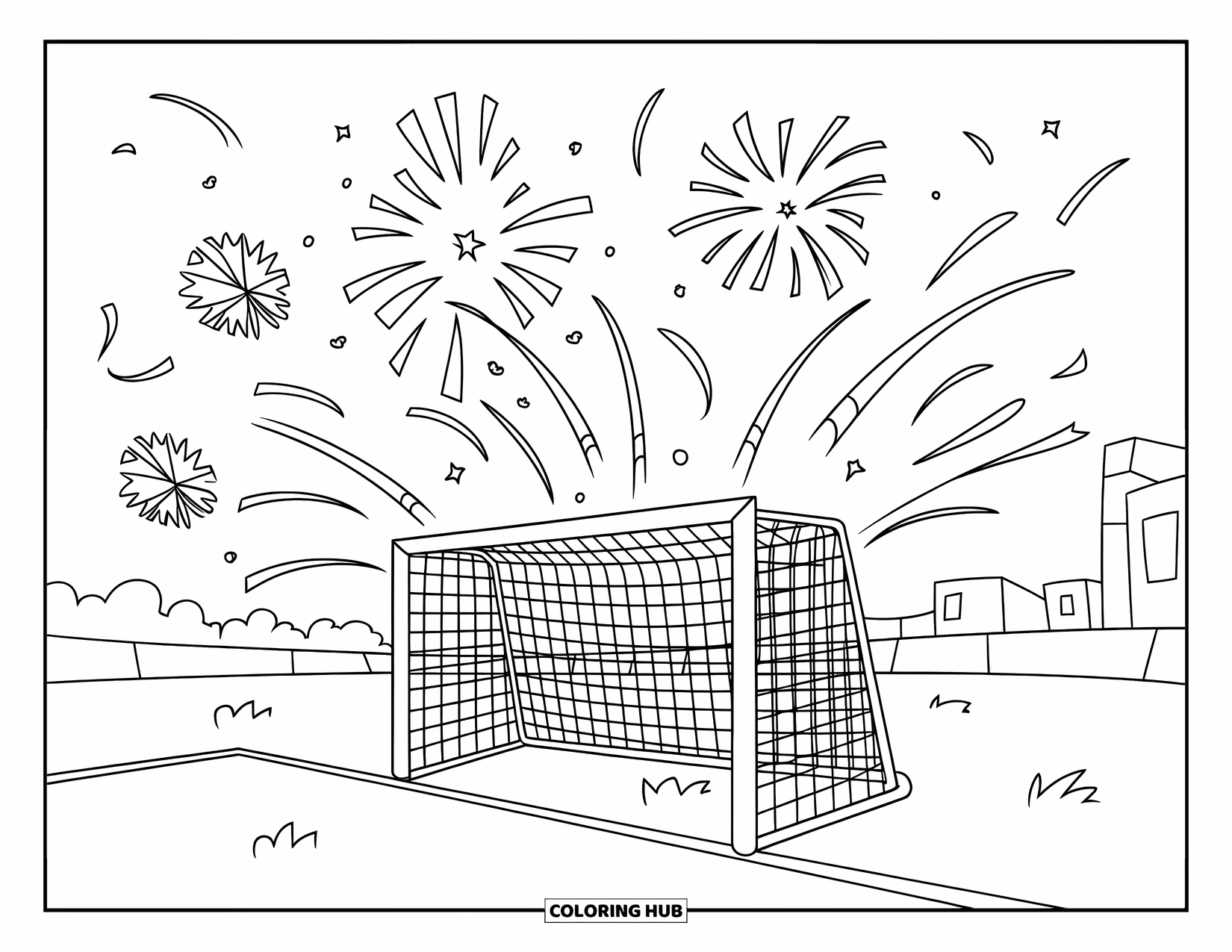 Football Coloring Page for Kids: Wooden goalpost with fireworks and streamers on a grassy field