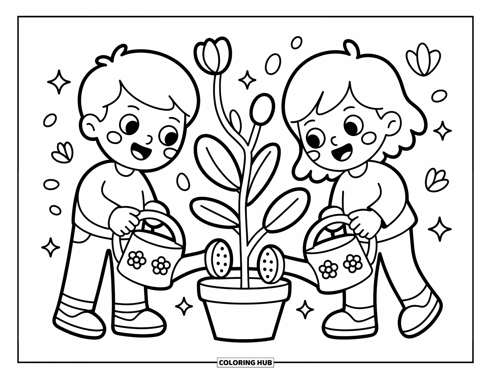 Friendship Coloring Page for Adults: A cheerful boy and girl water a heart-shaped plant, surrounded by sparkles and floating buds