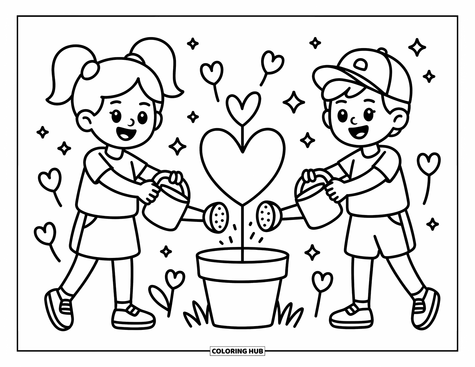 Friendship Coloring Page for Adults: A girl with pigtails and a boy in a cap water a heart-shaped plant with cute watering cans