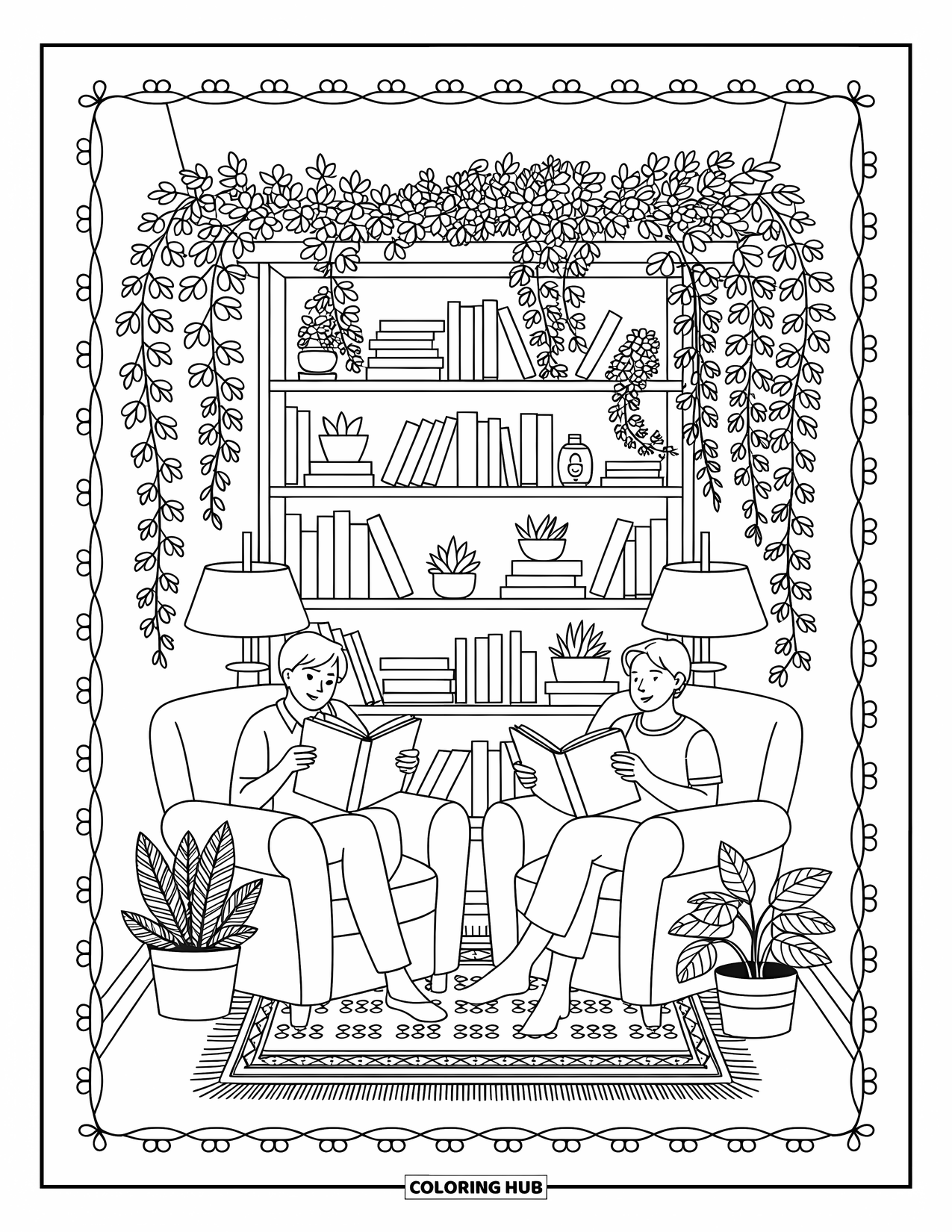 Friendship Coloring Page for Adults: A peaceful reading nook with armchairs, glowing lamps, and cascading vines all around