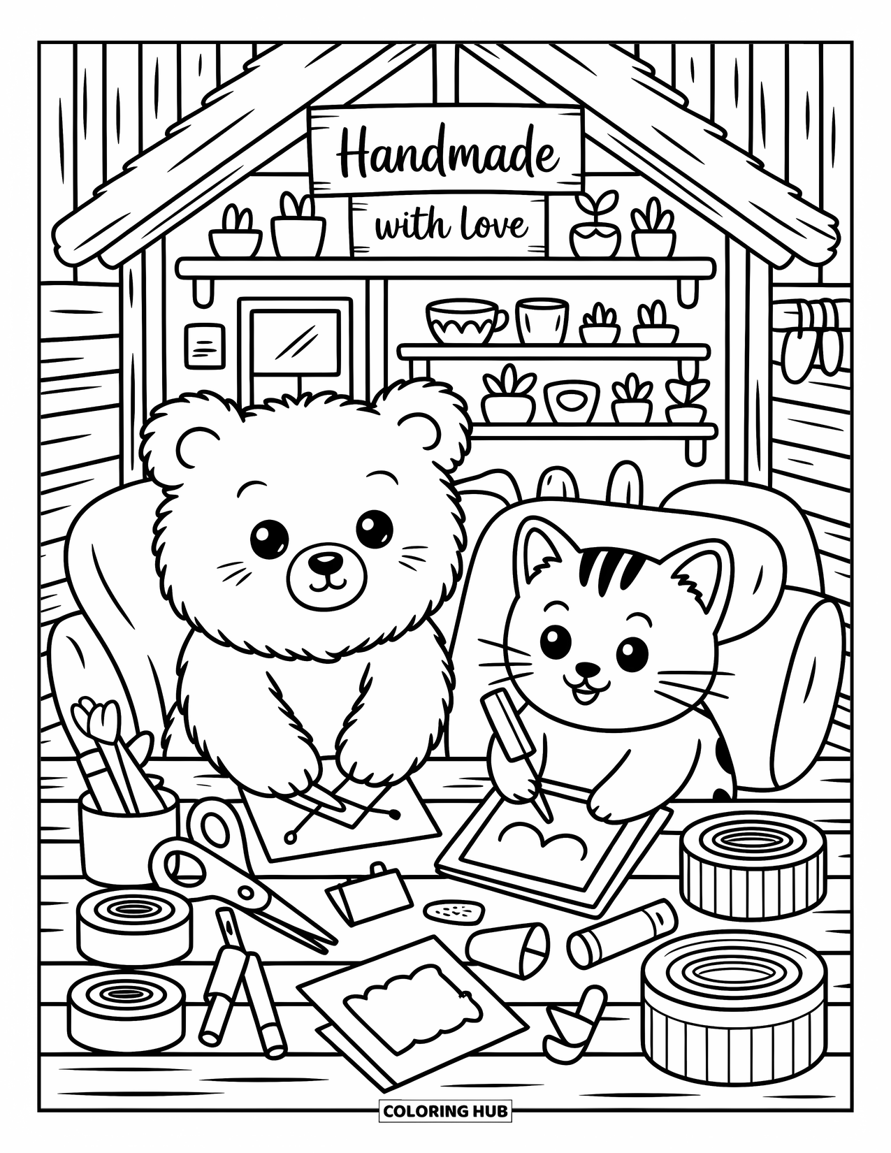 Friendship Coloring Page for Adults: Bear and cat craft cards in a warm cabin filled with tiny teacups and decorations