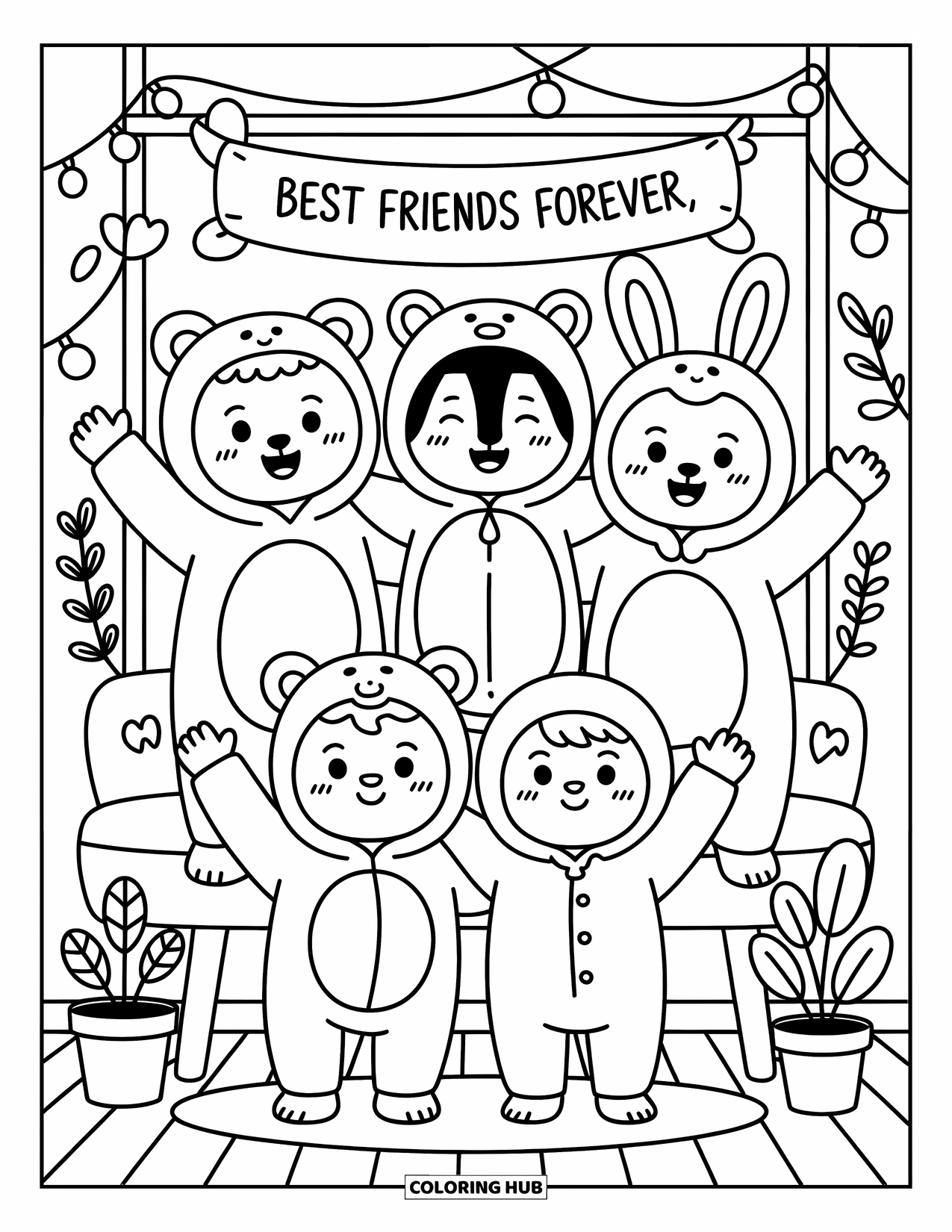 Friendship Coloring Page for Adults: Four friends smile in cozy animal onesies under string lights and a cheerful friendship banner