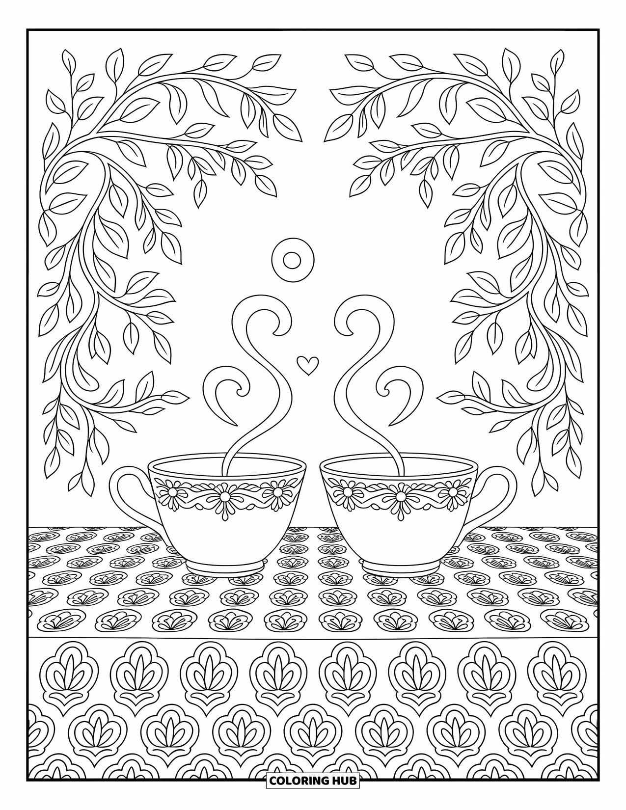Friendship Coloring Page for Adults: Teacups with floral patterns and curling steam sit atop a patterned tablecloth