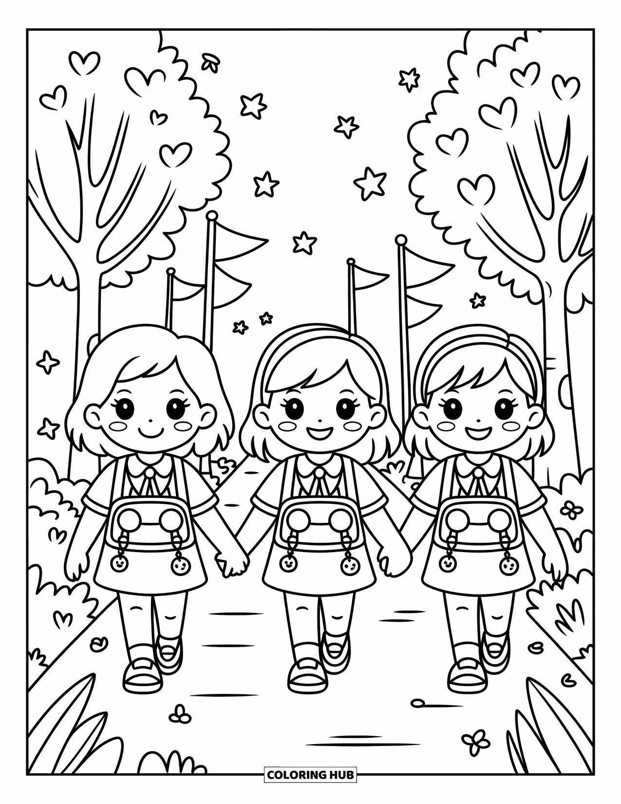 Friendship Coloring Page for Adults: Three cheerful students stroll together with backpacks, surrounded by stars, flags, and heart-shaped leaves
