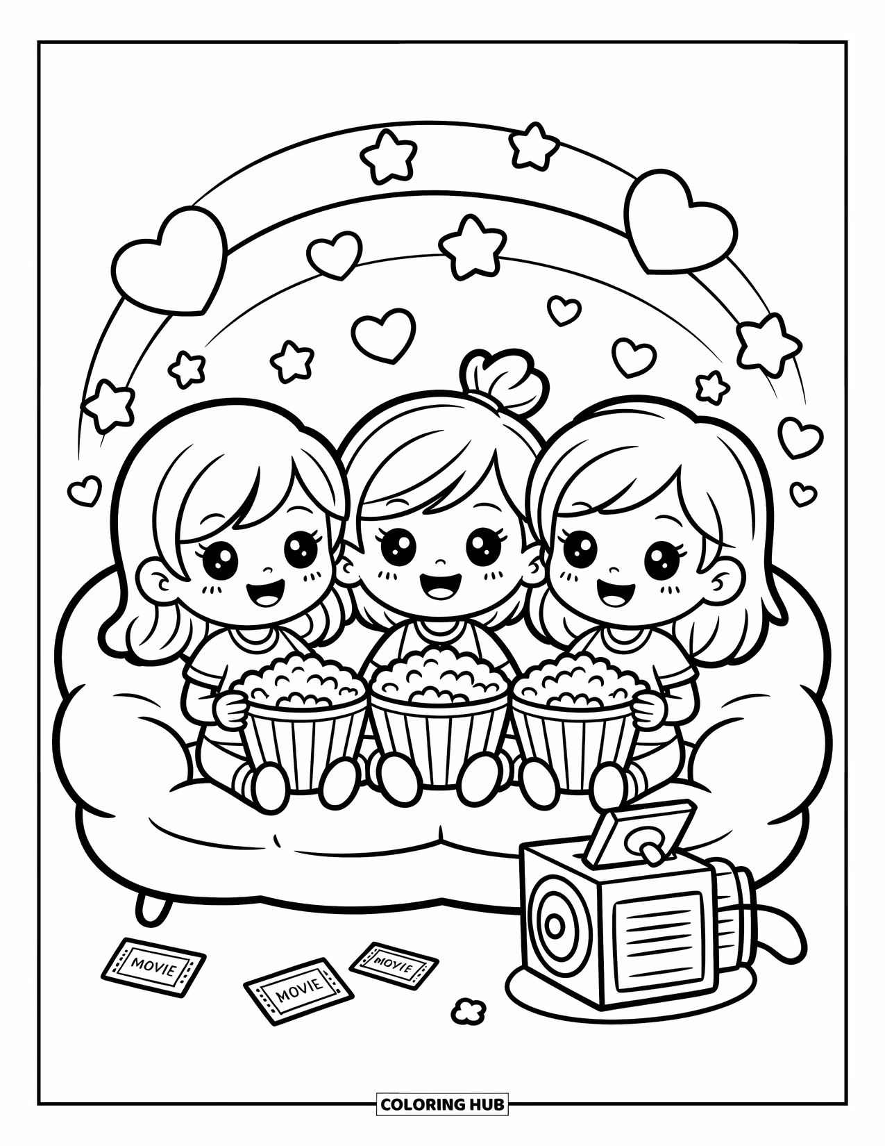 Friendship Coloring Page for Adults: Three chibi girls relax on a cloud couch, watching a movie with popcorn and floating stars