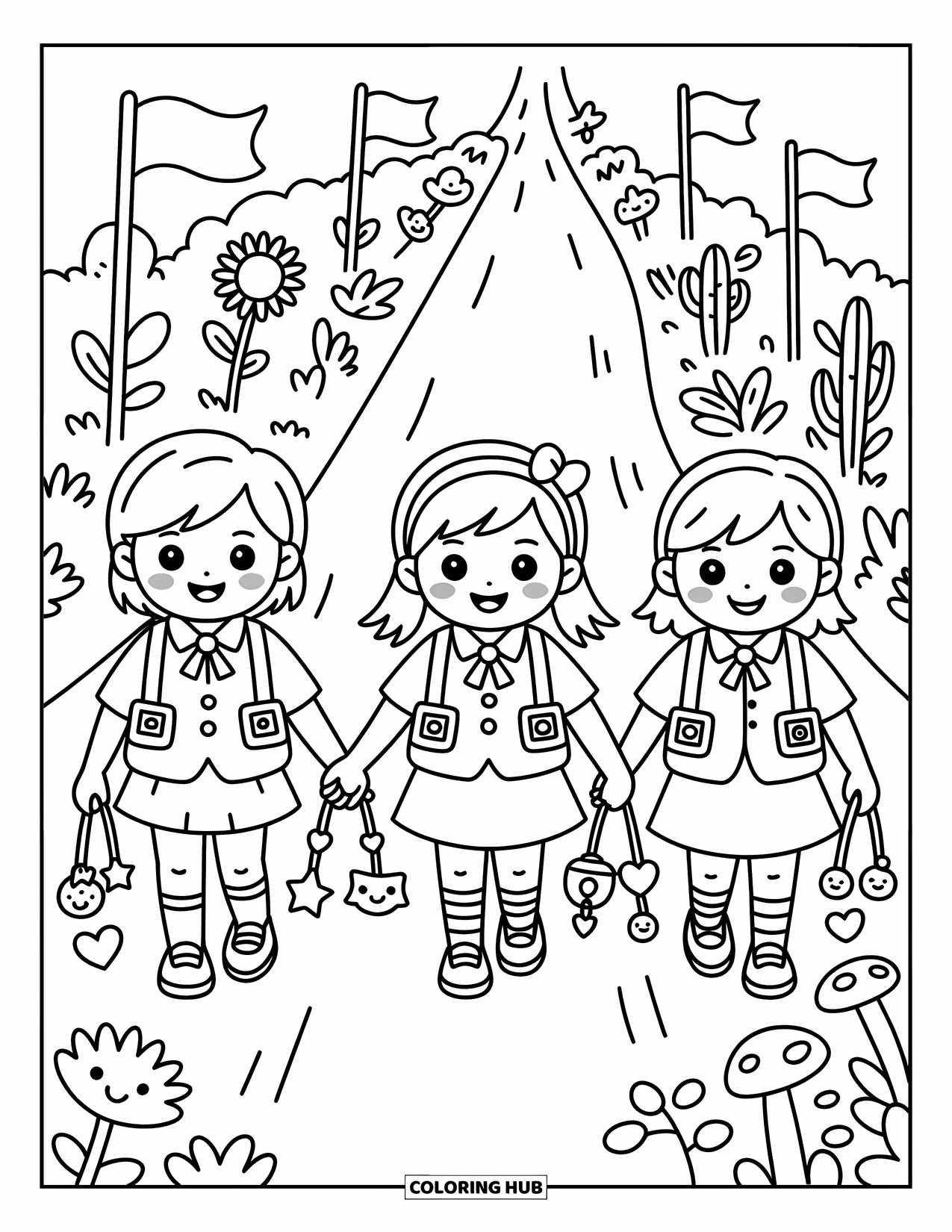Friendship Coloring Page for Adults: Three cute students walk down a path lined with playful plants, flags, and charming backpack charms