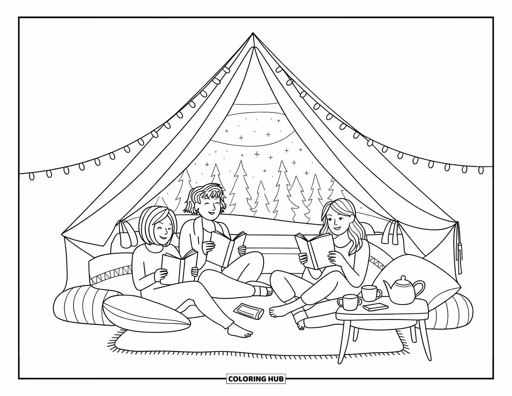 Friendship Coloring Page for Adults: Three friends read in a tent lit with fairy lights under a starry sky